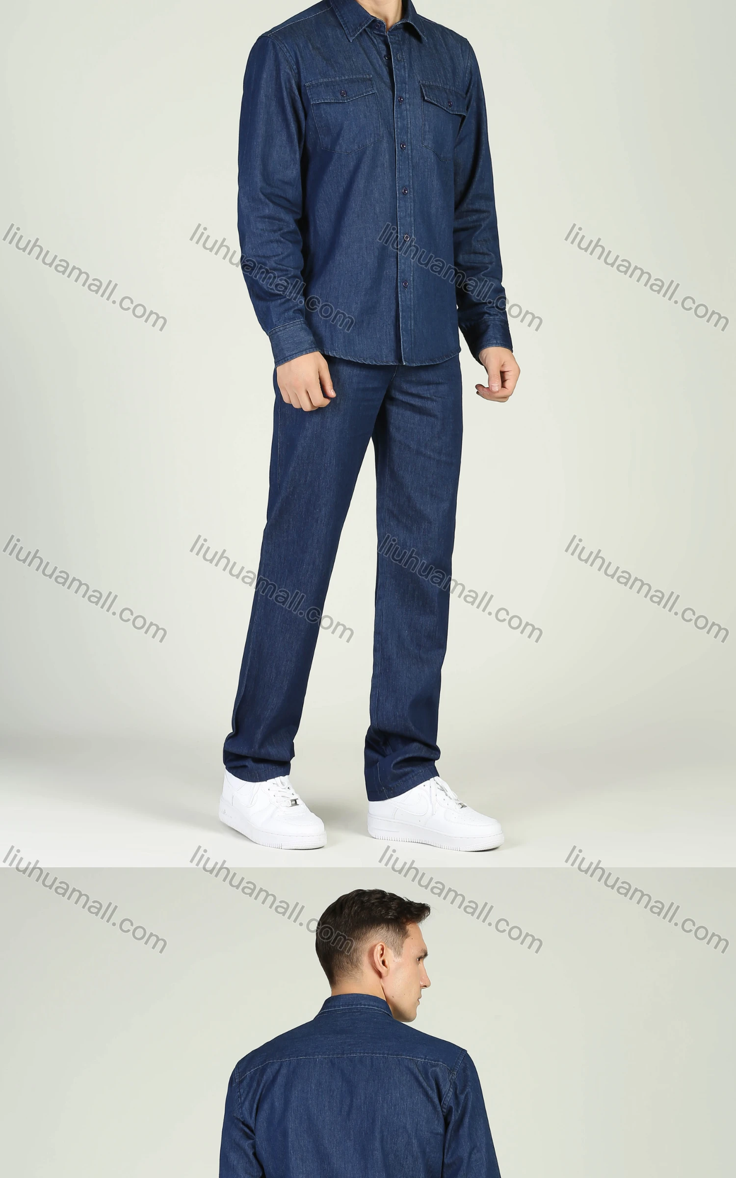 Wholesale Men's Long Sleeve Pocket Button Front Denim Shirt & Straight Leg Trousers 2 Piece Set - Liuhuamall