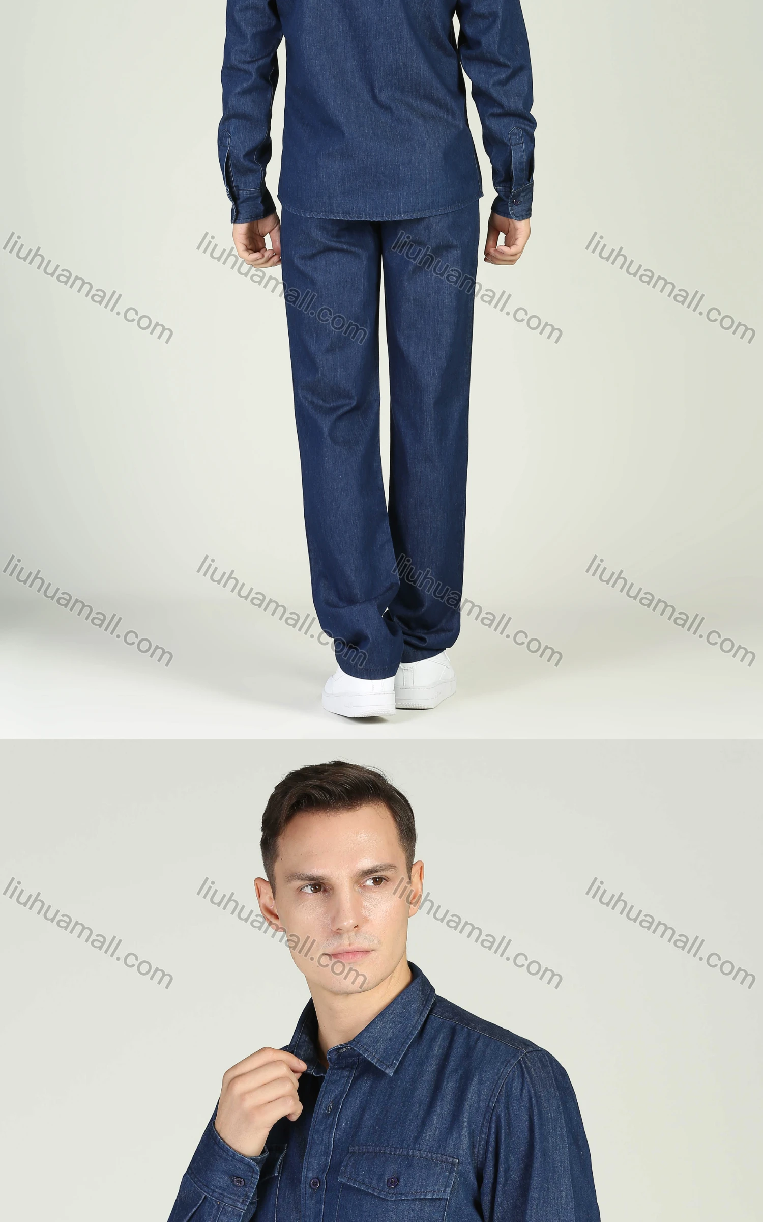 Wholesale Men's Long Sleeve Pocket Button Front Denim Shirt & Straight Leg Trousers 2 Piece Set - Liuhuamall