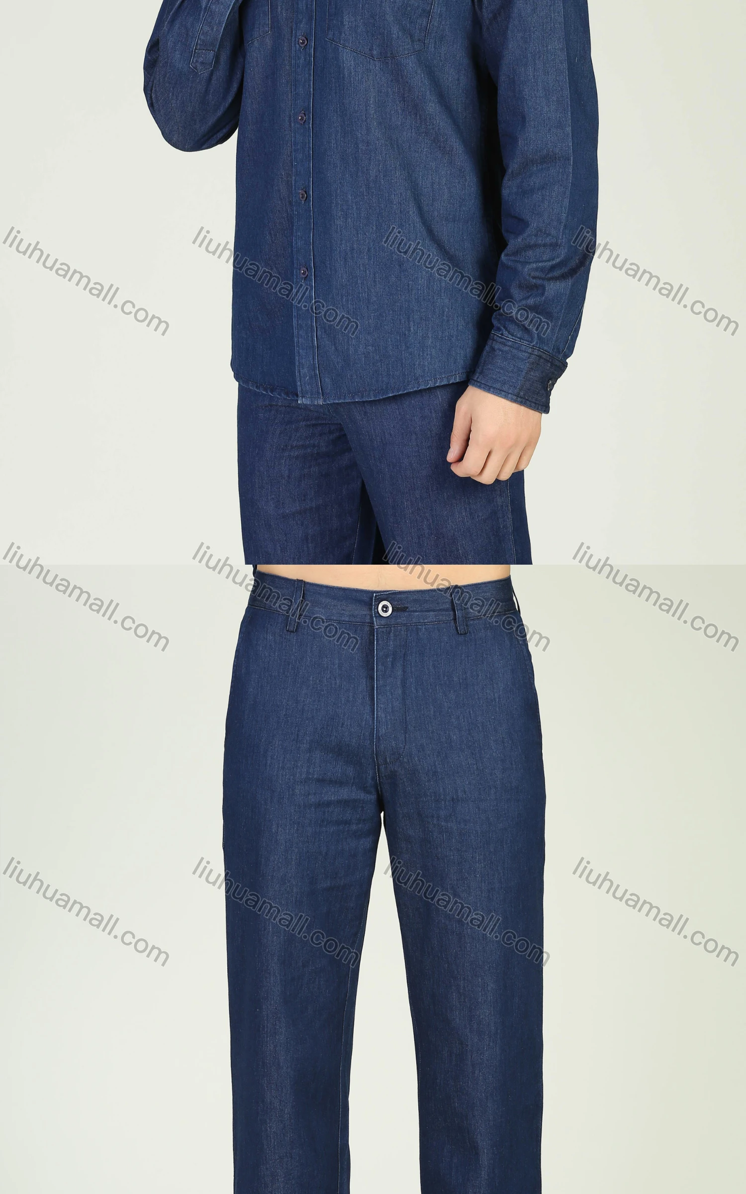 Wholesale Men's Long Sleeve Pocket Button Front Denim Shirt & Straight Leg Trousers 2 Piece Set - Liuhuamall