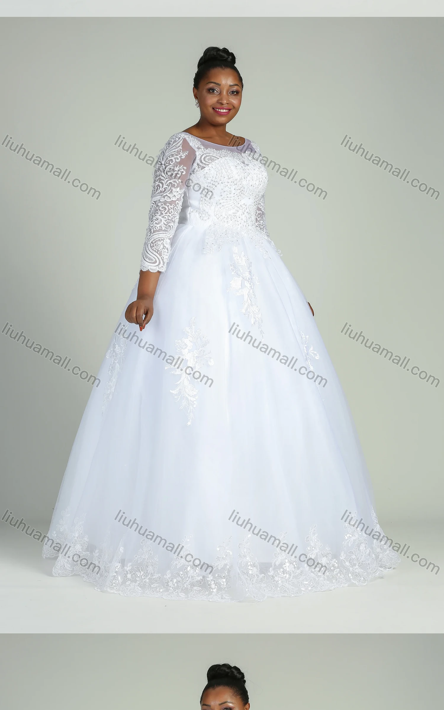 Wholesale Women's Glamorous Embroidery Bateau Neck Beaded Applique Corset Bodice Classic Tulle Wedding Dress 970# - Liuhuamall