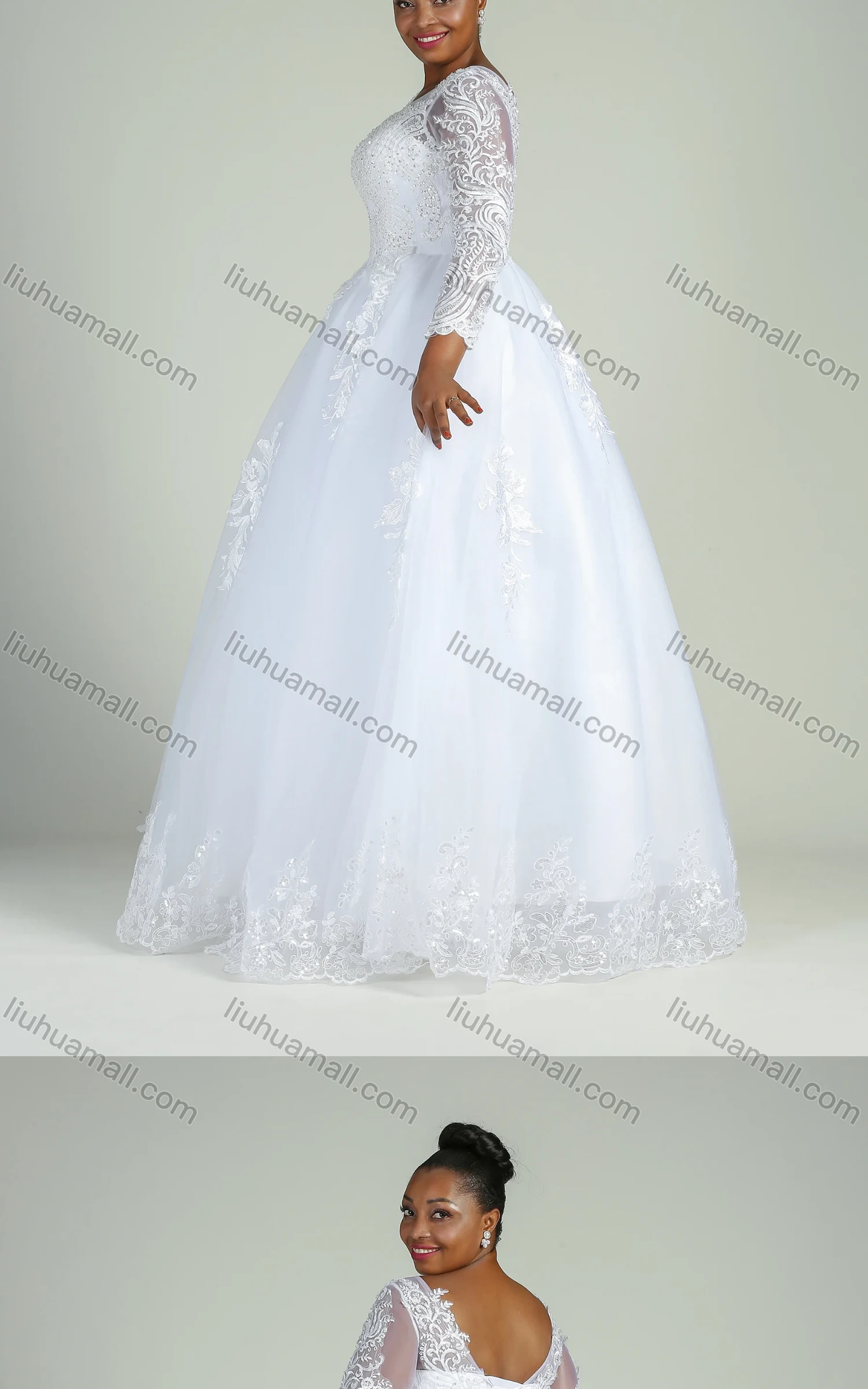 Wholesale Women's Glamorous Embroidery Bateau Neck Beaded Applique Corset Bodice Classic Tulle Wedding Dress 970# - Liuhuamall