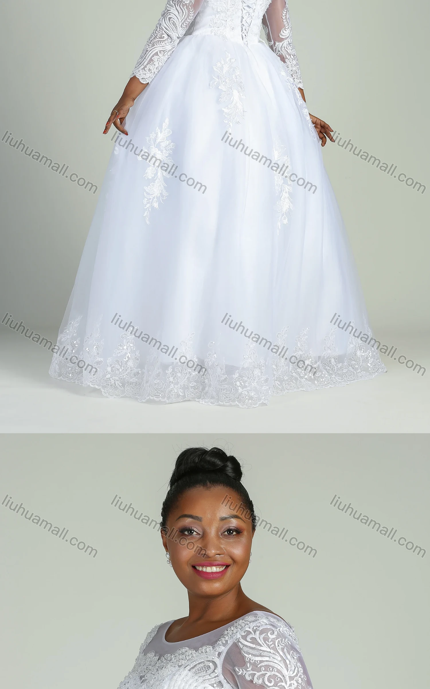 Wholesale Women's Glamorous Embroidery Bateau Neck Beaded Applique Corset Bodice Classic Tulle Wedding Dress 970# - Liuhuamall