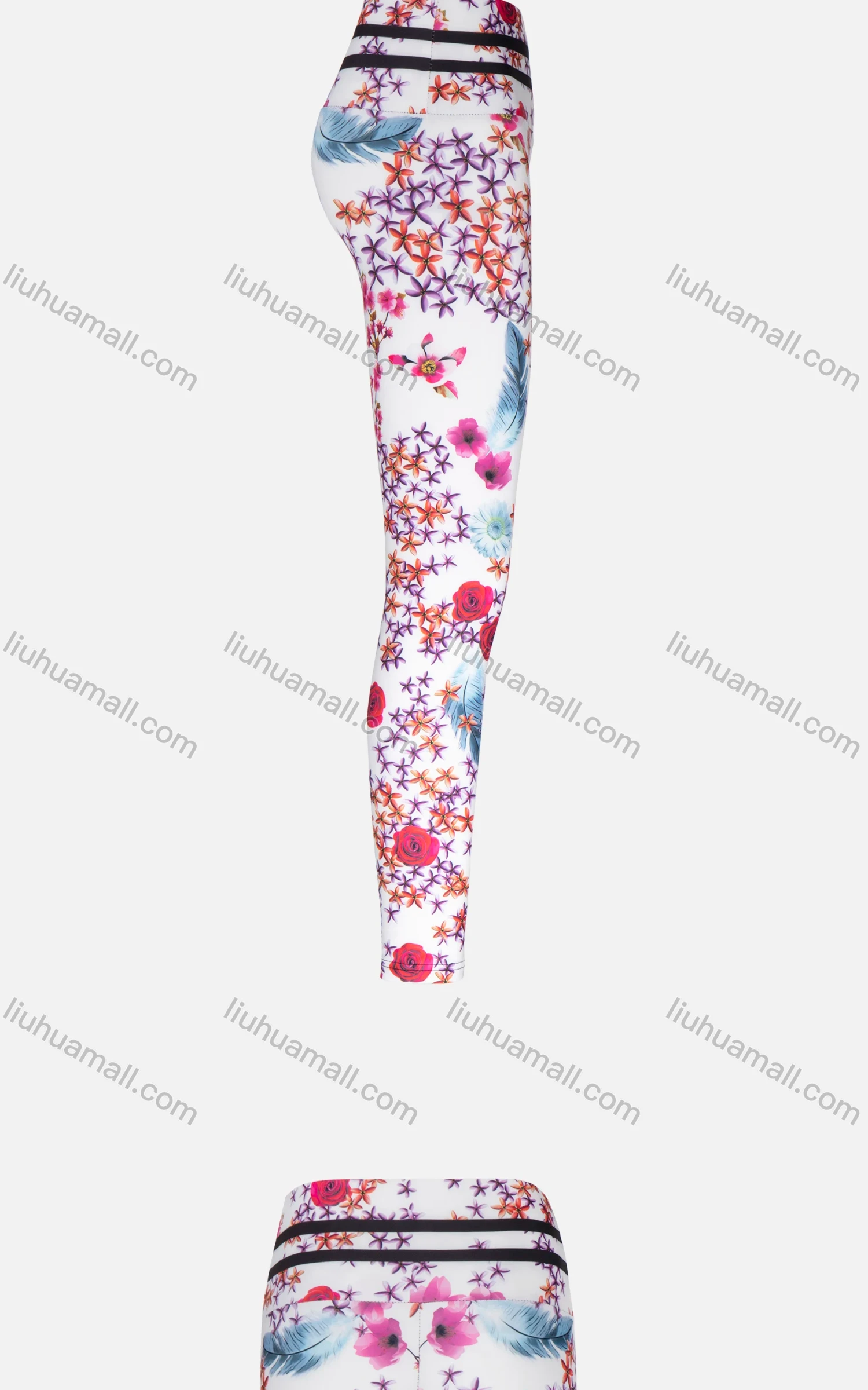 Wholesale Women's Multicolor Ditsy Floral Striped Trim High Waist Sporty Yoga Elasticity Leggings - Liuhuamall