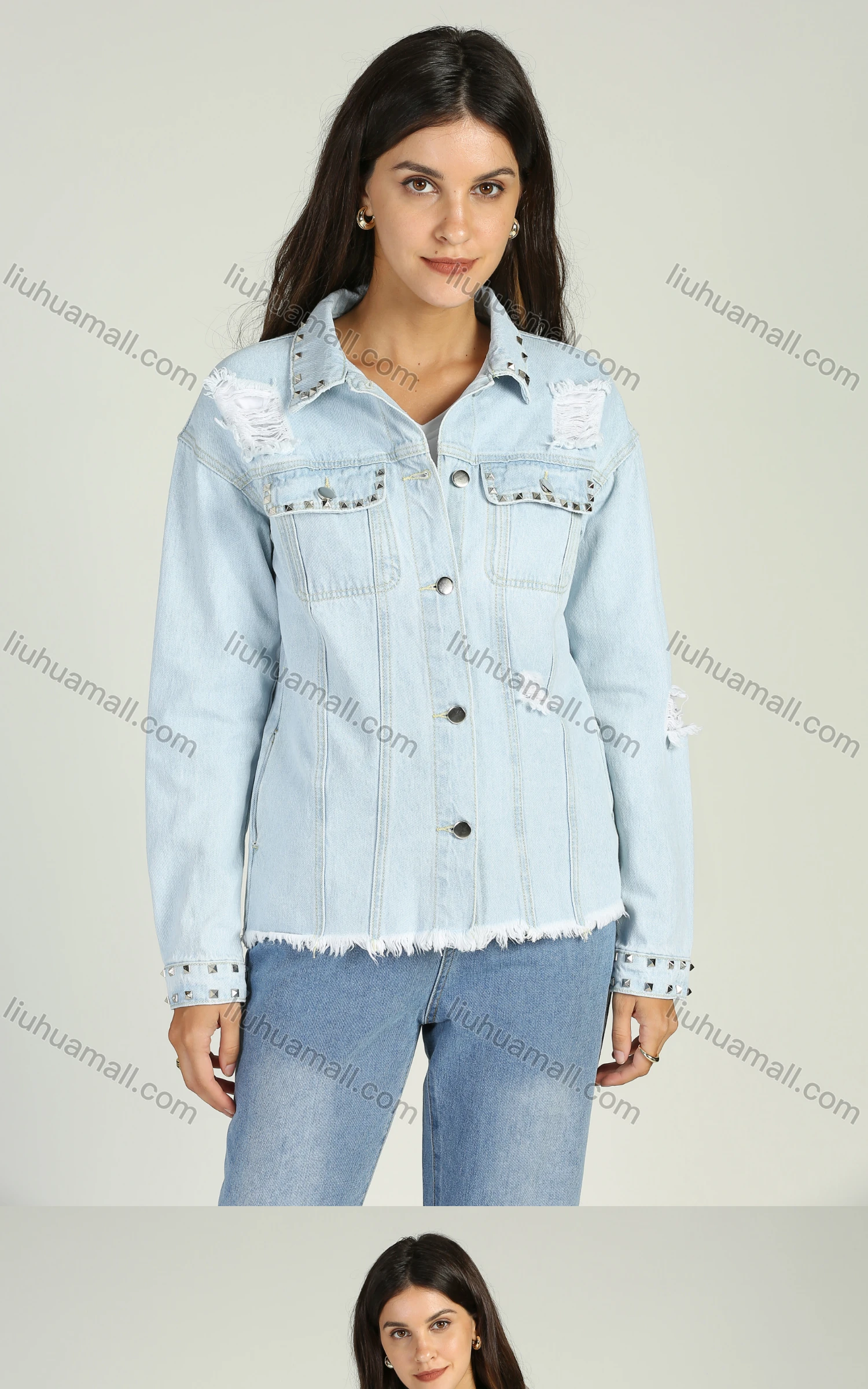 Wholesale Women's Casual Rivet Decor Button Down Flap Pockets Raw Hem Long Sleeve Denim Jacket - Liuhuamall