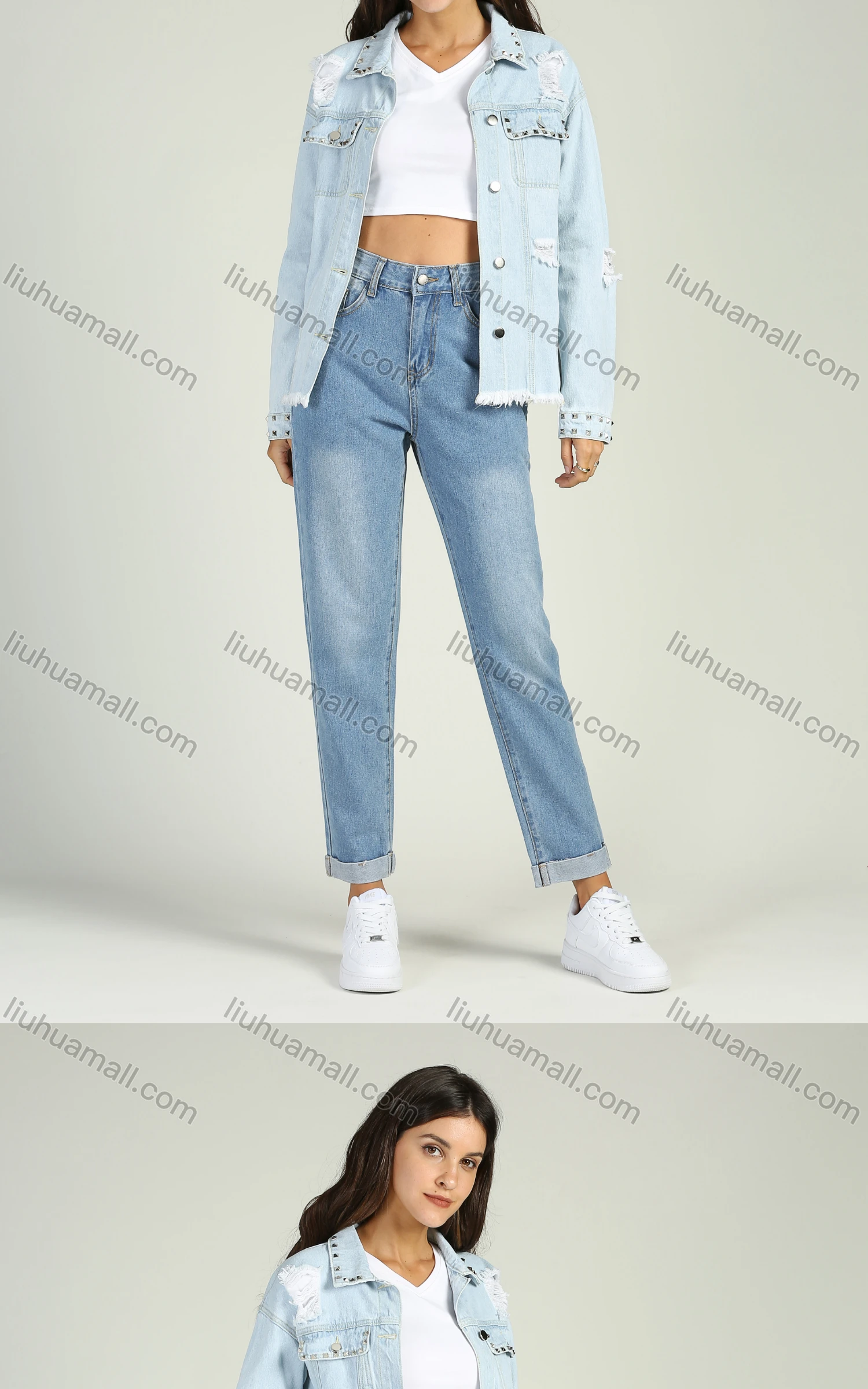 Wholesale Women's Casual Rivet Decor Button Down Flap Pockets Raw Hem Long Sleeve Denim Jacket - Liuhuamall