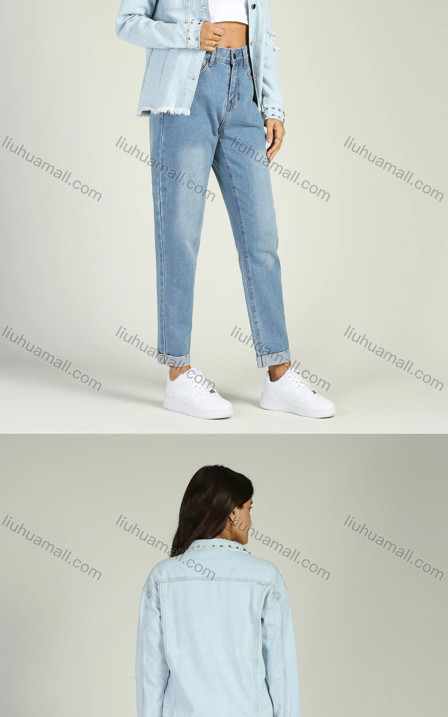 Wholesale Women's Casual Rivet Decor Button Down Flap Pockets Raw Hem Long Sleeve Denim Jacket - Liuhuamall