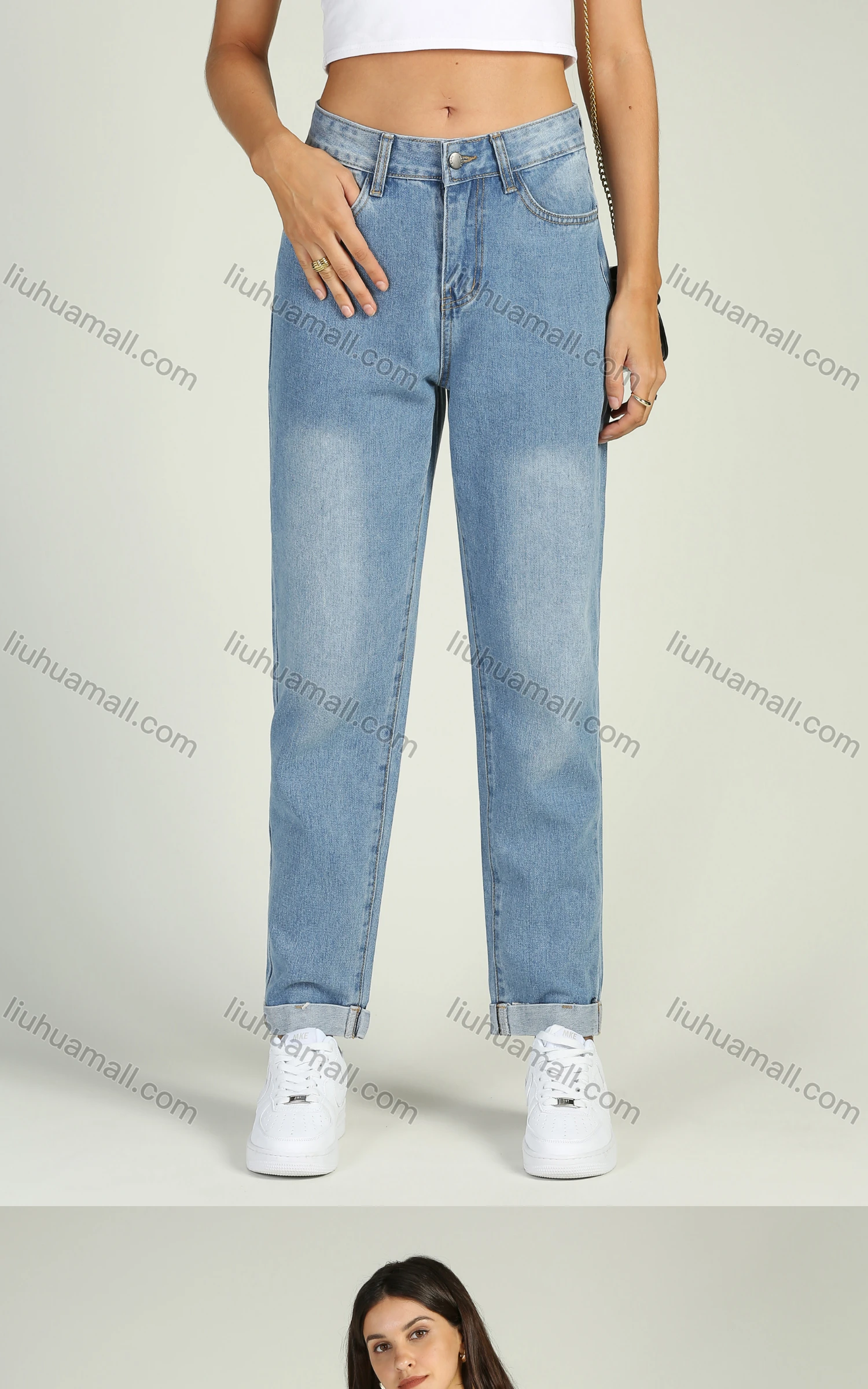 Wholesale Women's Casual Light Blue Fold Hem Button Zip Fly Pockets Jeans - Liuhuamall