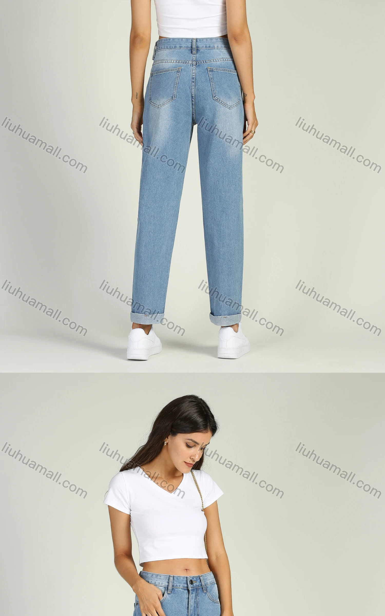 Wholesale Women's Casual Light Blue Fold Hem Button Zip Fly Pockets Jeans - Liuhuamall