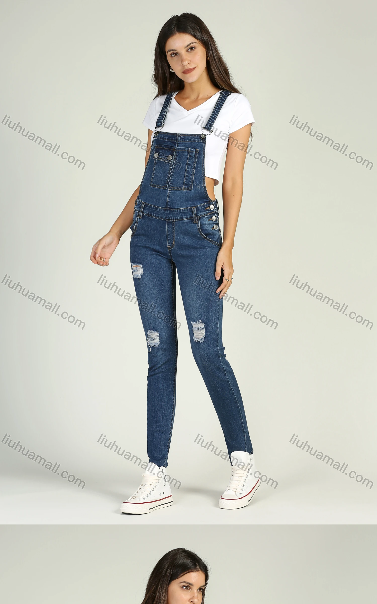Wholesale Women's Casual Adjustable Strap Ripped Distressed Denim Overalls 3436# - Liuhuamall