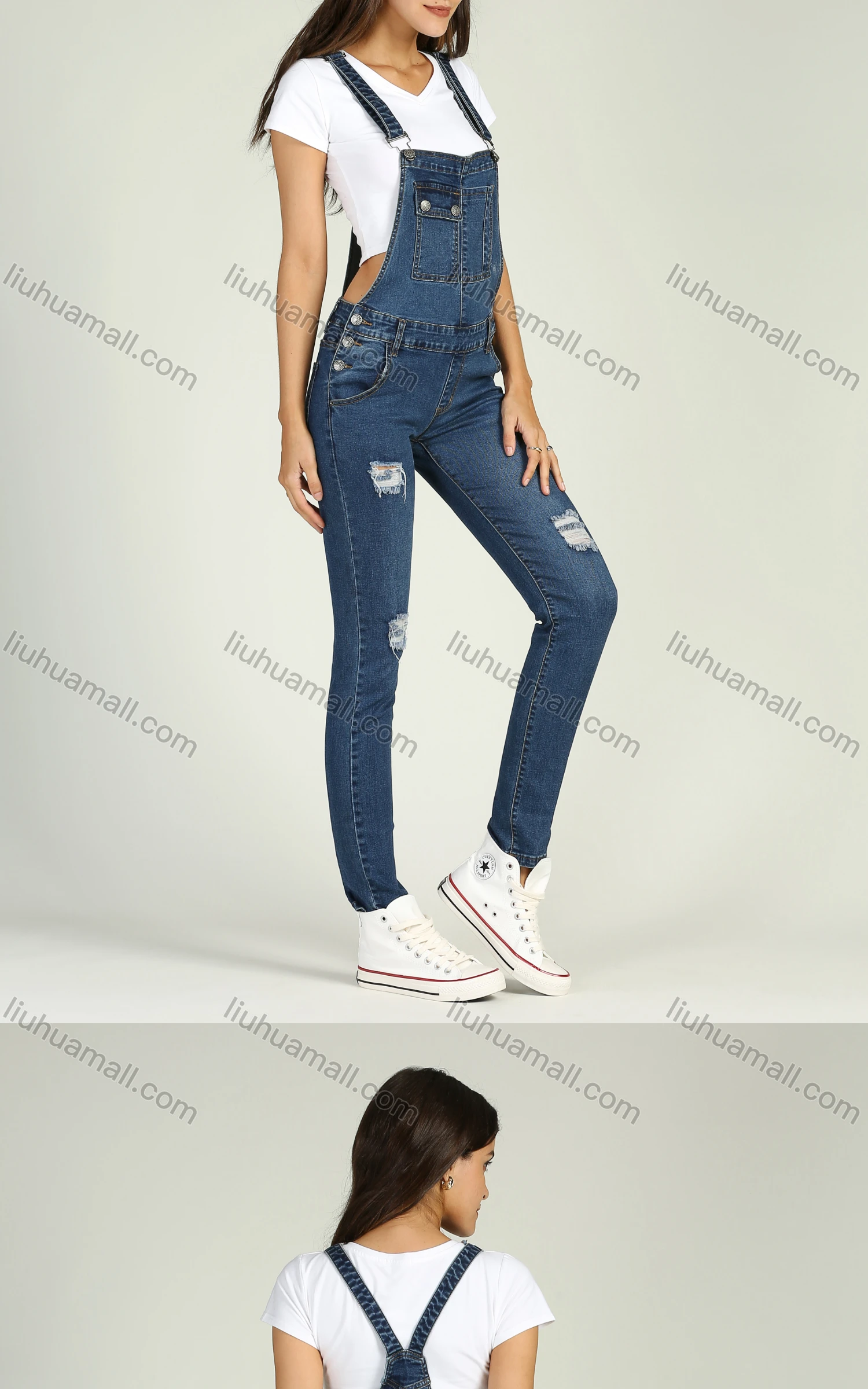 Wholesale Women's Casual Adjustable Strap Ripped Distressed Denim Overalls 3436# - Liuhuamall