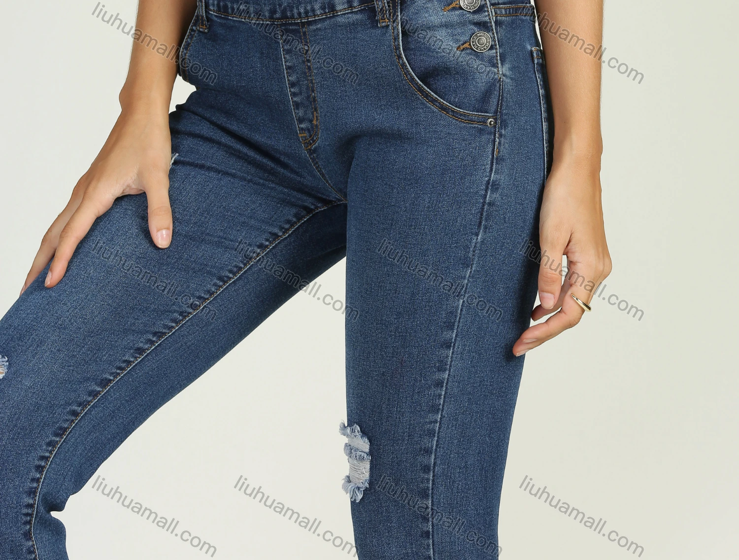 Wholesale Women's Casual Adjustable Strap Ripped Distressed Denim Overalls 3436# - Liuhuamall