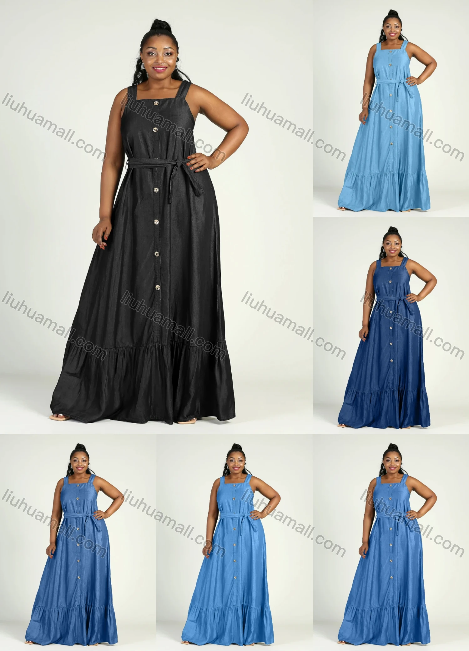 Wholesale Women's Plus Size Casual Square Neck Sleeveless Button Decor Denim Lace Up Floor Length Tank Dress - Liuhuamall