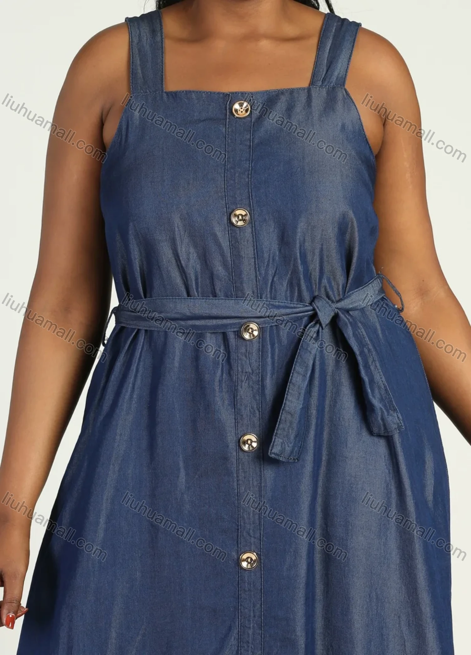 Wholesale Women's Plus Size Casual Square Neck Sleeveless Button Decor Denim Lace Up Floor Length Tank Dress - Liuhuamall