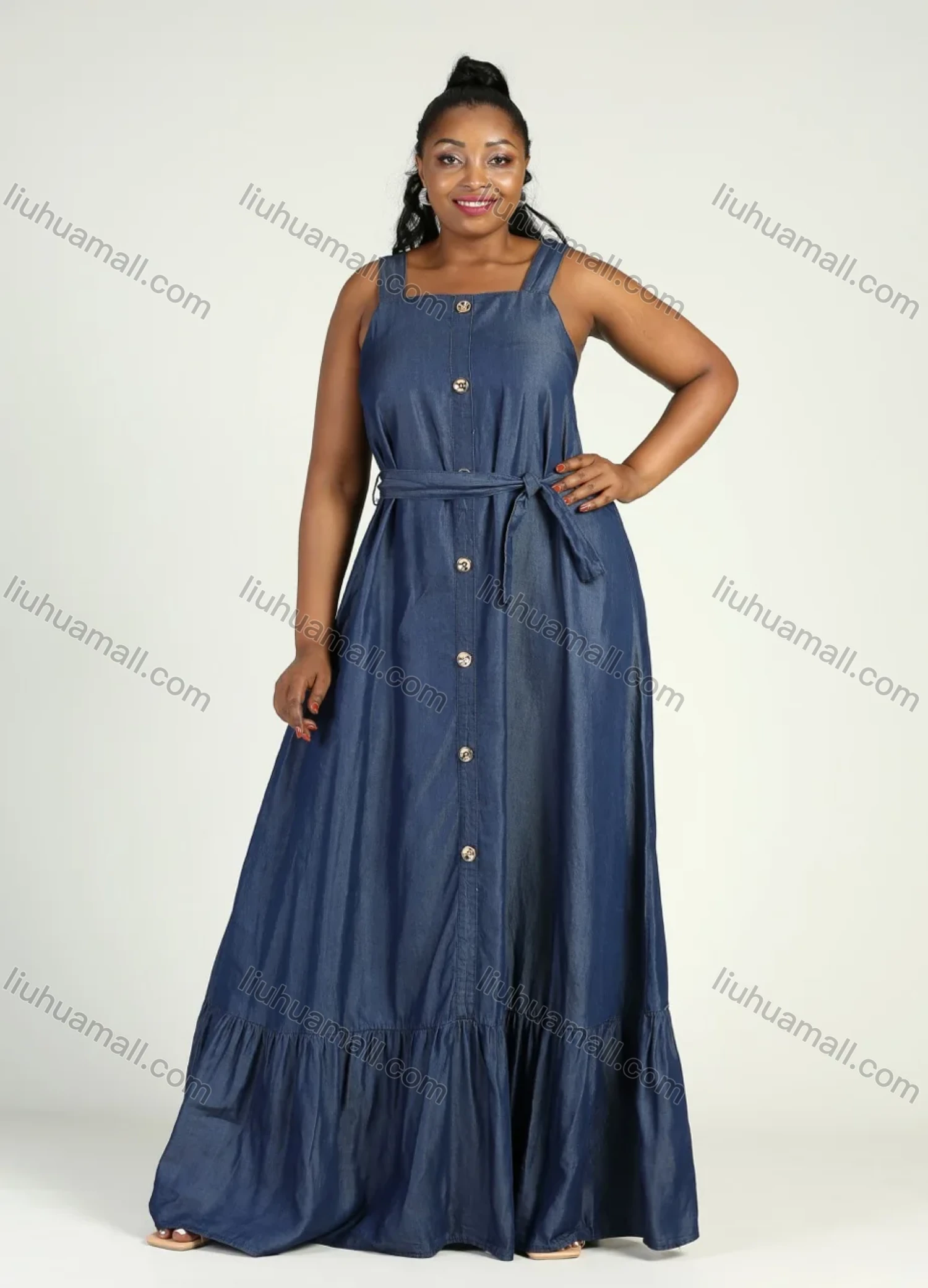 Wholesale Women's Plus Size Casual Square Neck Sleeveless Button Decor Denim Lace Up Floor Length Tank Dress - Liuhuamall