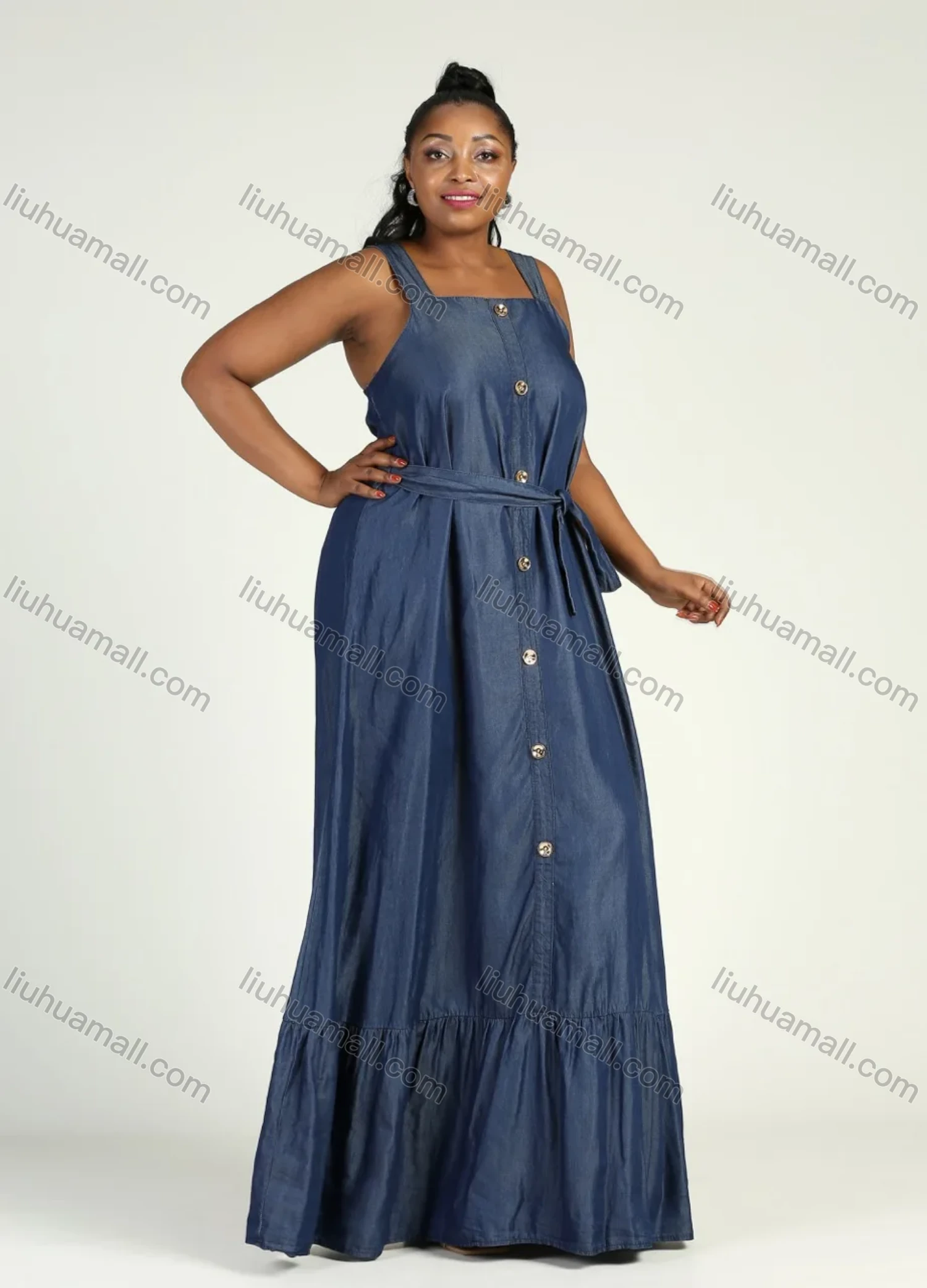 Wholesale Women's Plus Size Casual Square Neck Sleeveless Button Decor Denim Lace Up Floor Length Tank Dress - Liuhuamall
