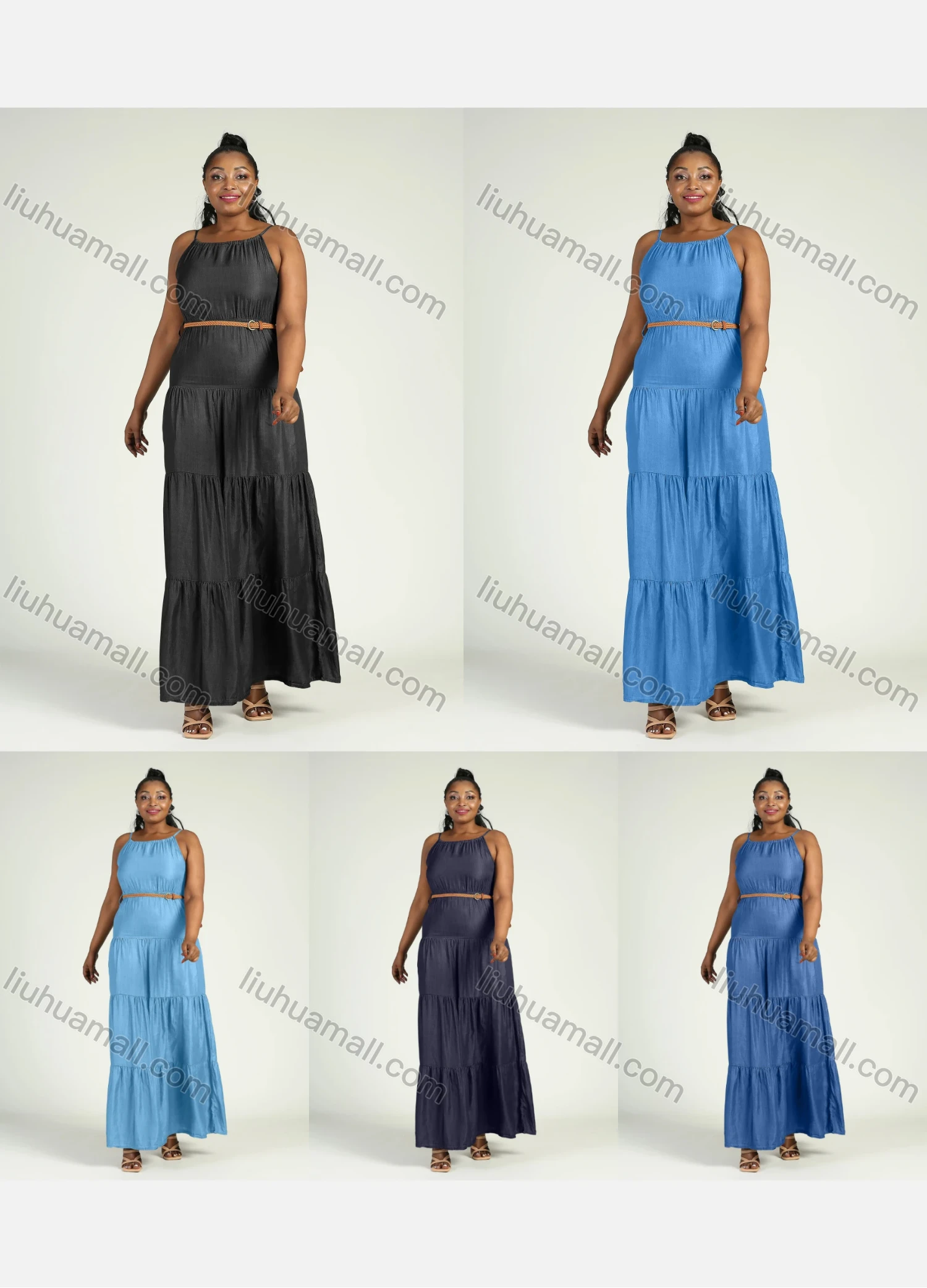Wholesale Women's Plus Size Sleeveless Denim Layered Hem Spaghetti Strap Maxi Cami Dress With Belt - Liuhuamall