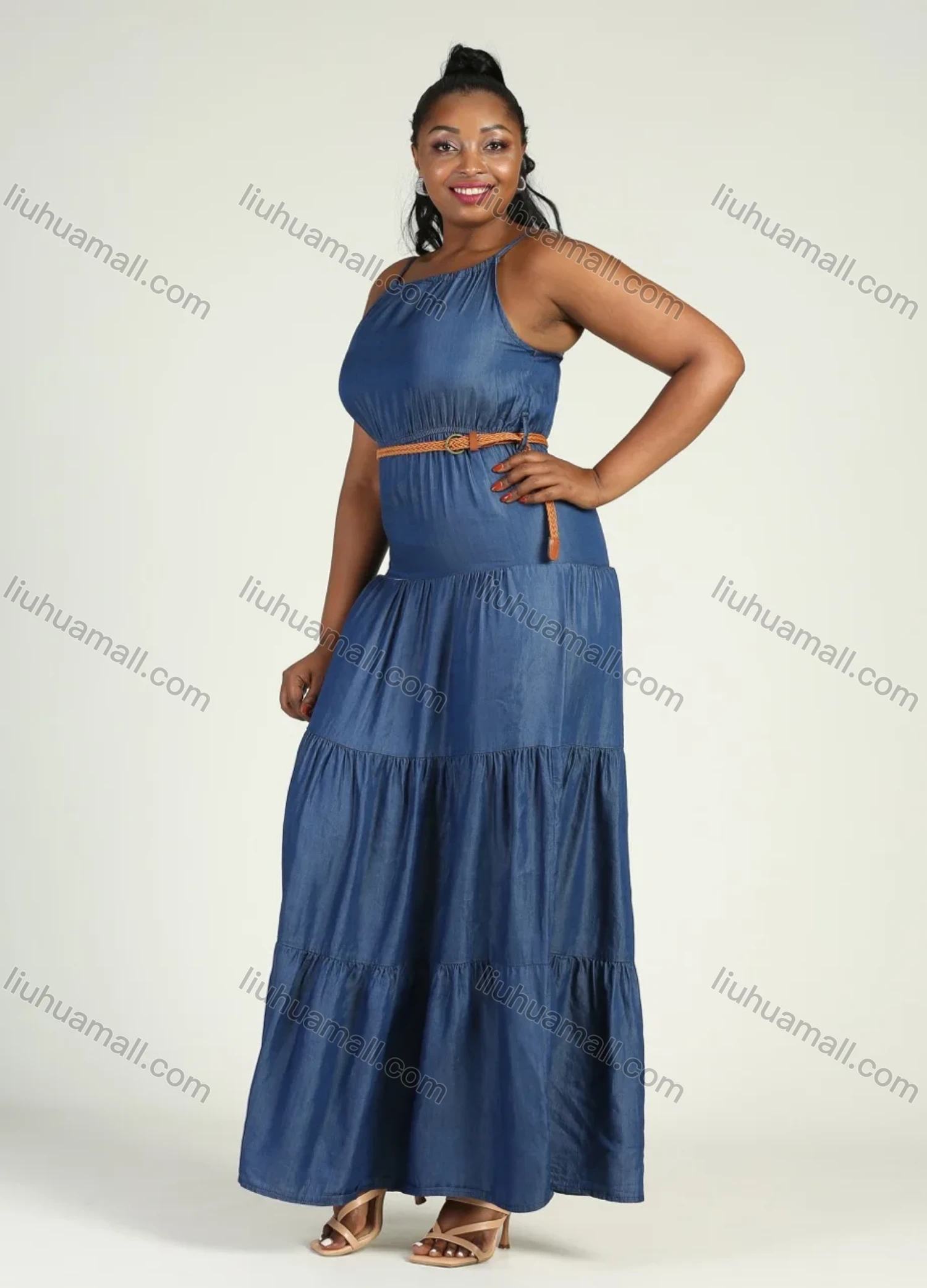 Wholesale Women's Plus Size Sleeveless Denim Layered Hem Spaghetti Strap Maxi Cami Dress With Belt - Liuhuamall