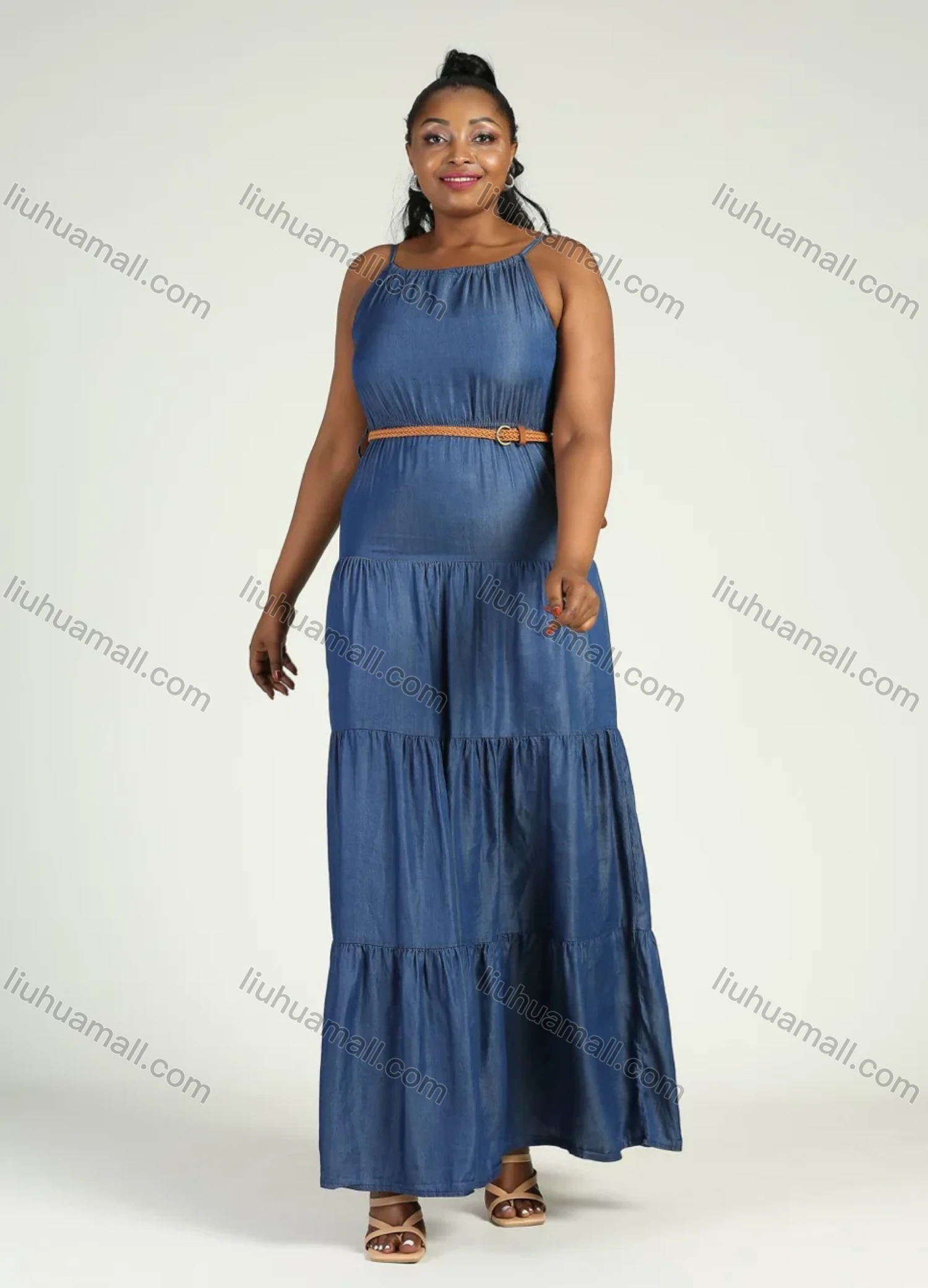 Wholesale Women's Plus Size Sleeveless Denim Layered Hem Spaghetti Strap Maxi Cami Dress With Belt - Liuhuamall
