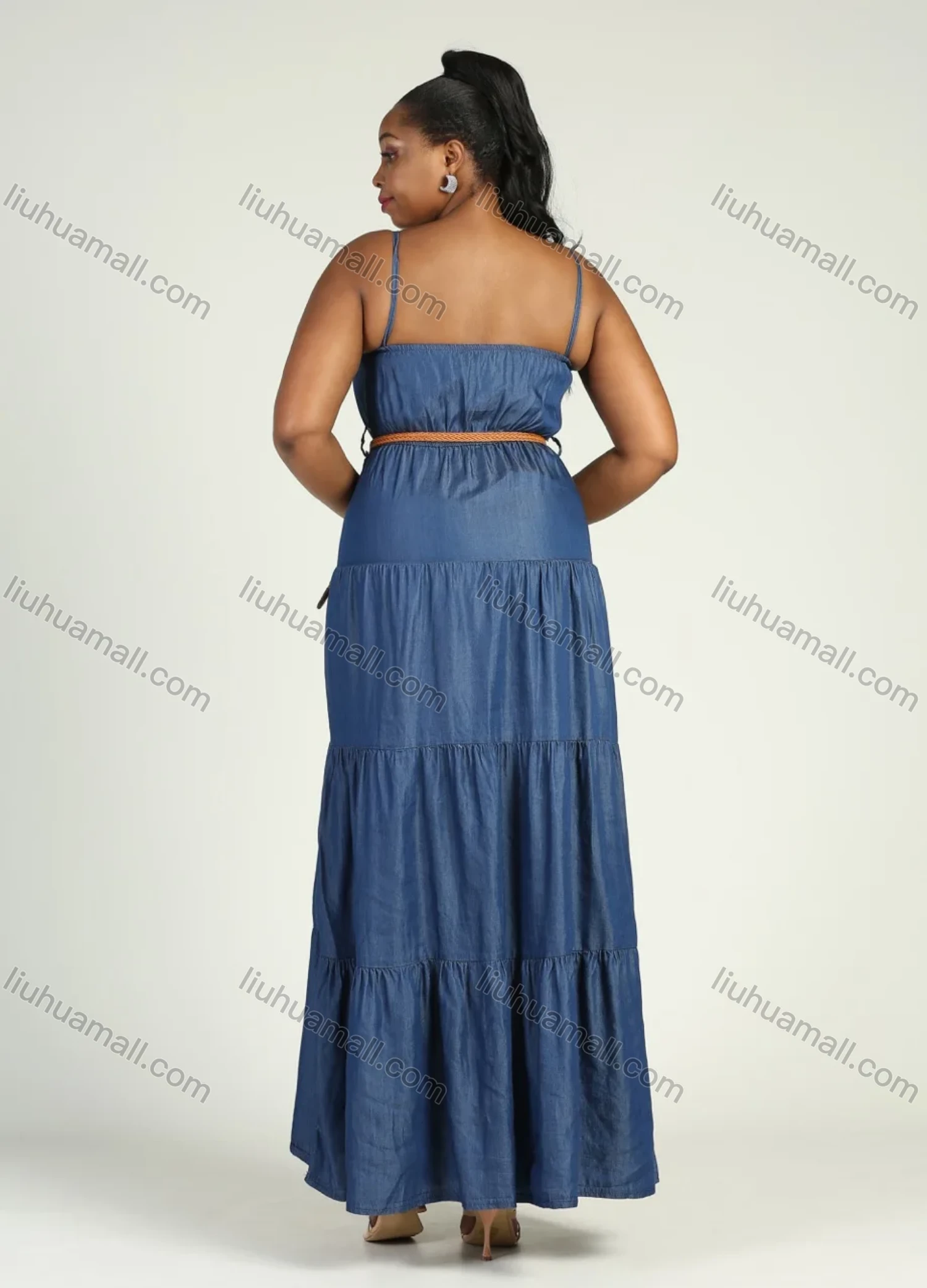 Wholesale Women's Plus Size Sleeveless Denim Layered Hem Spaghetti Strap Maxi Cami Dress With Belt - Liuhuamall