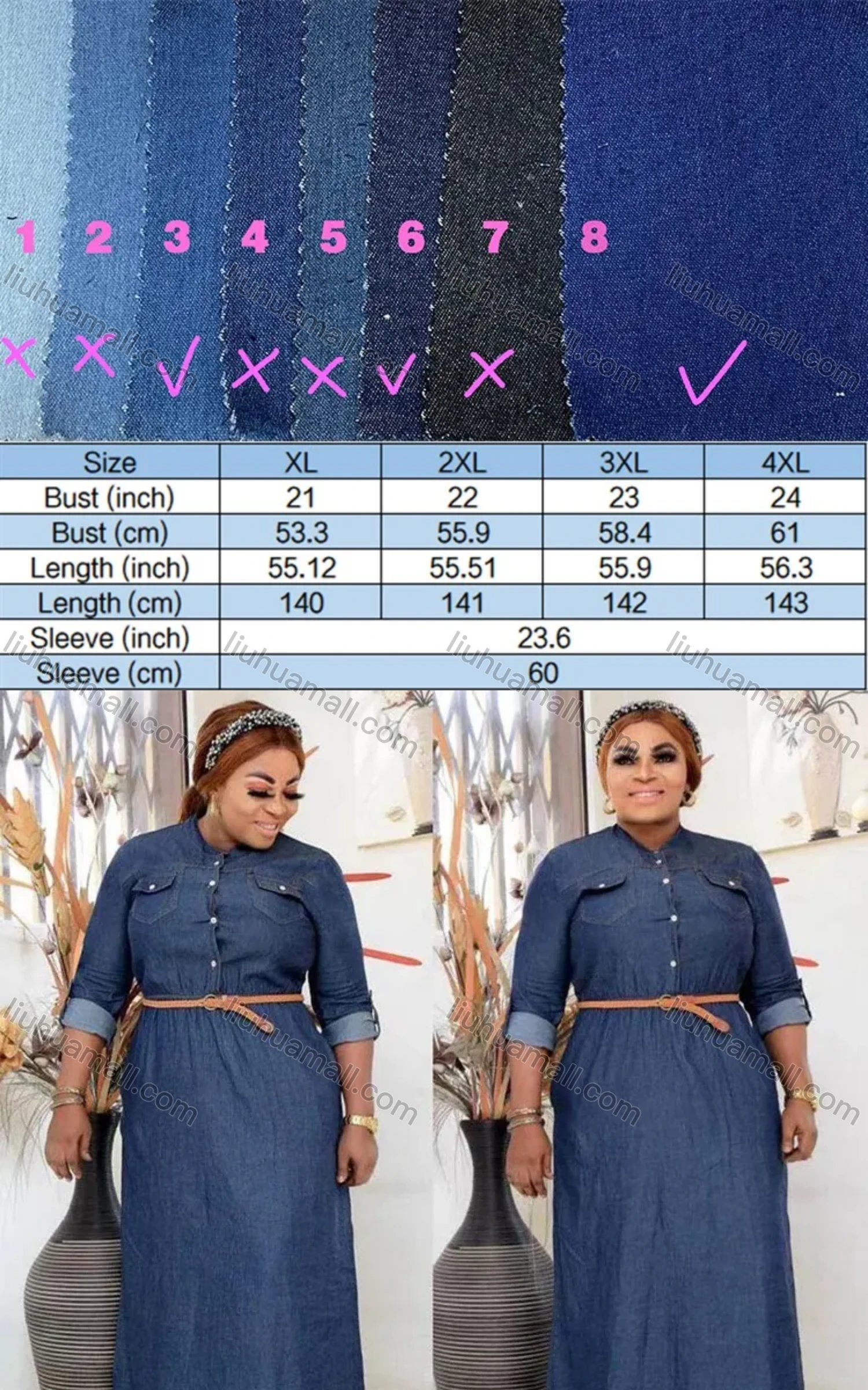 Wholesale Women's Plus Size Stand Collar Long Sleeve Button Front Denim Maxi Shirt Dress With Belt - Liuhuamall