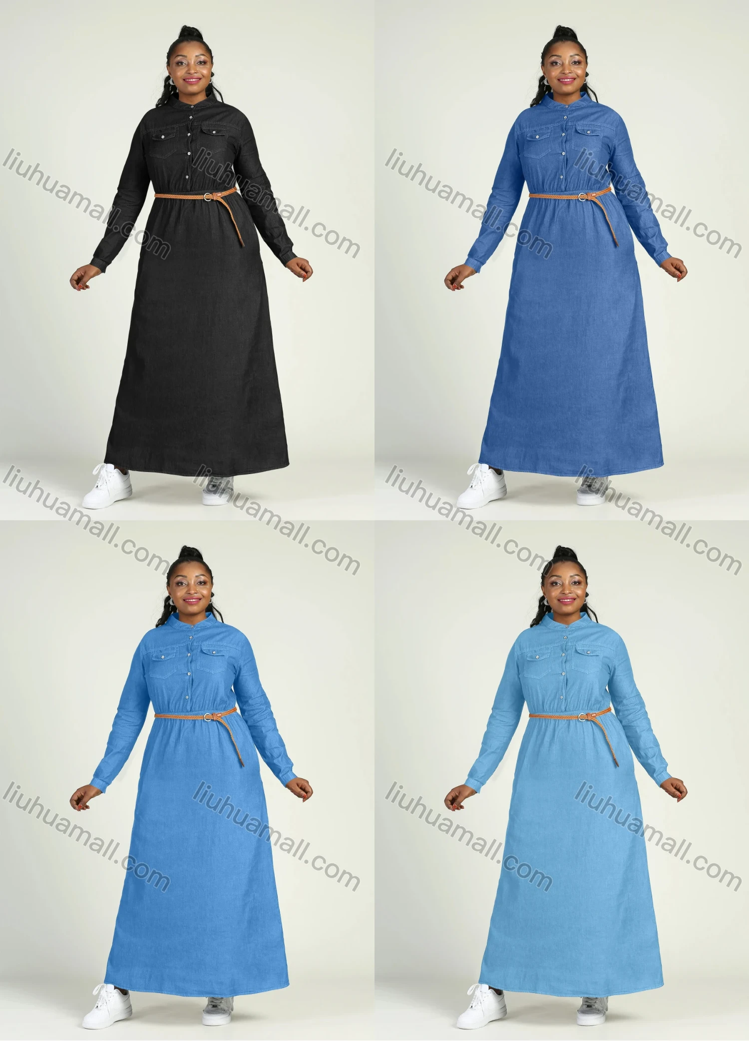 Wholesale Women's Plus Size Stand Collar Long Sleeve Button Front Denim Maxi Shirt Dress With Belt - Liuhuamall