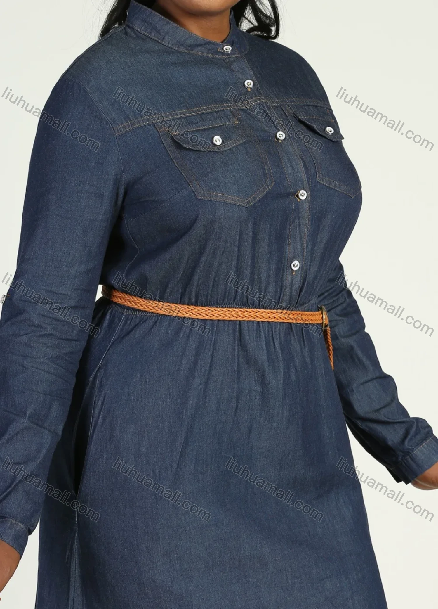 Wholesale Women's Plus Size Stand Collar Long Sleeve Button Front Denim Maxi Shirt Dress With Belt - Liuhuamall