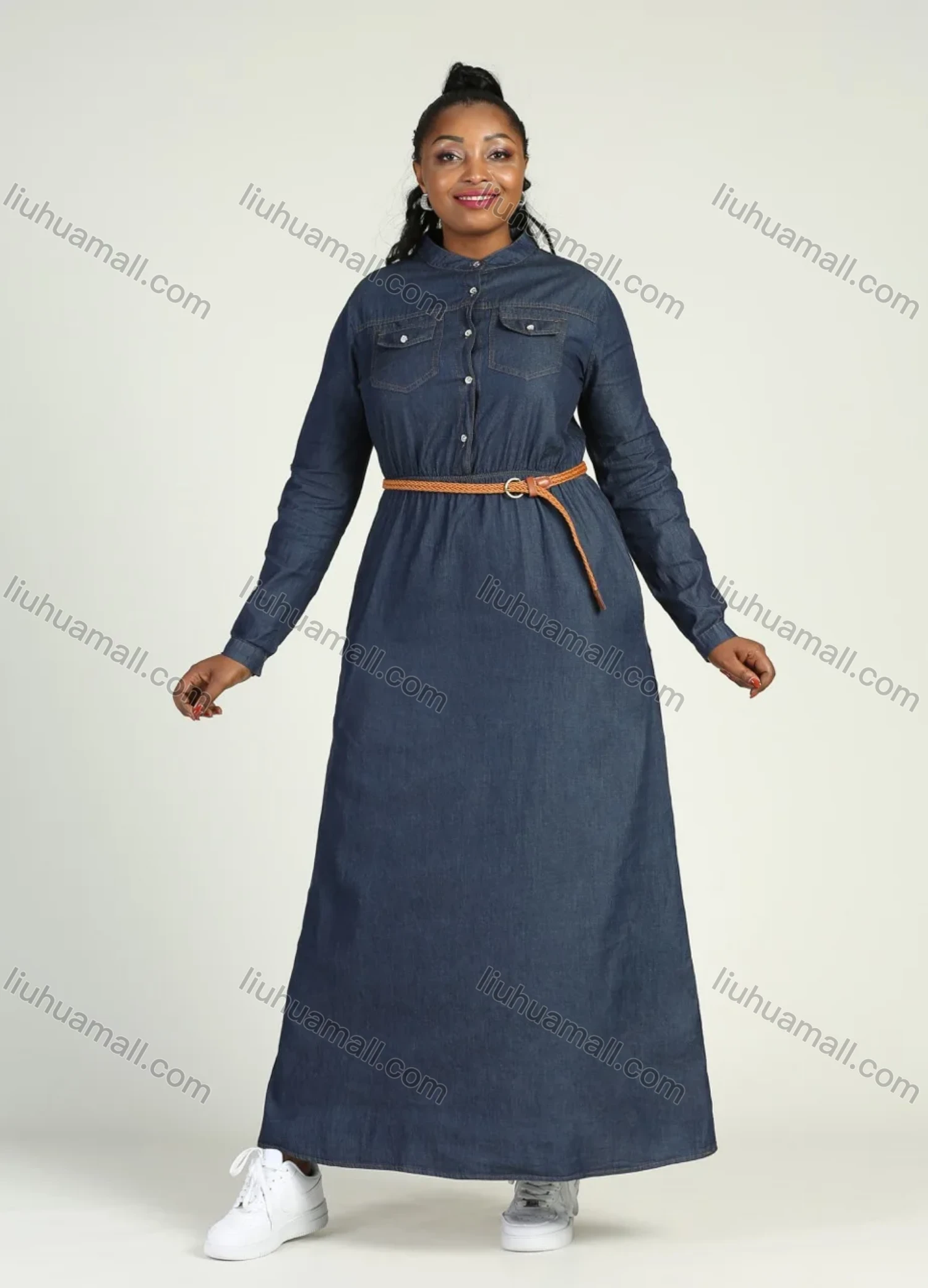 Wholesale Women's Plus Size Stand Collar Long Sleeve Button Front Denim Maxi Shirt Dress With Belt - Liuhuamall