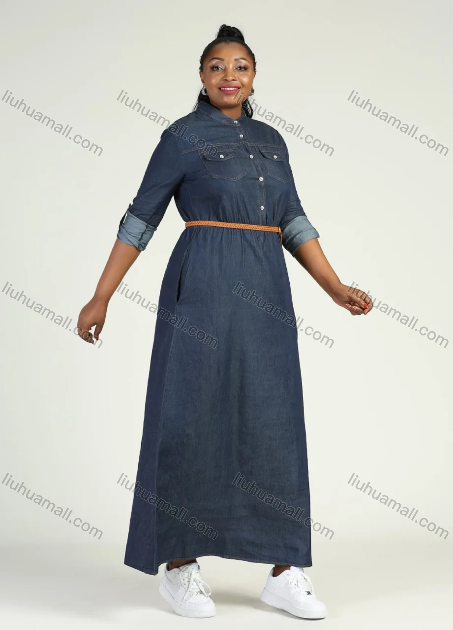 Wholesale Women's Plus Size Stand Collar Long Sleeve Button Front Denim Maxi Shirt Dress With Belt - Liuhuamall