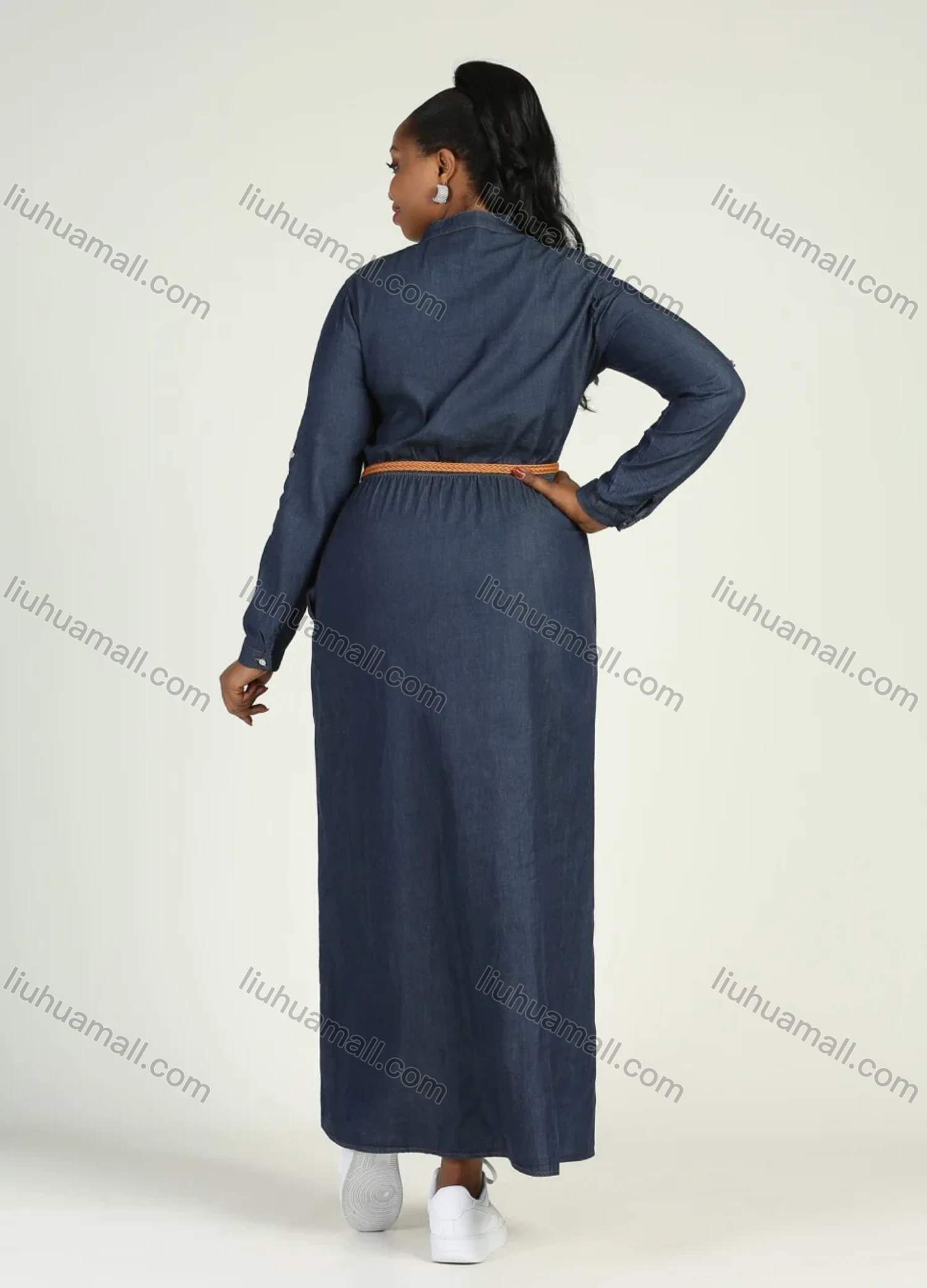 Wholesale Women's Plus Size Stand Collar Long Sleeve Button Front Denim Maxi Shirt Dress With Belt - Liuhuamall