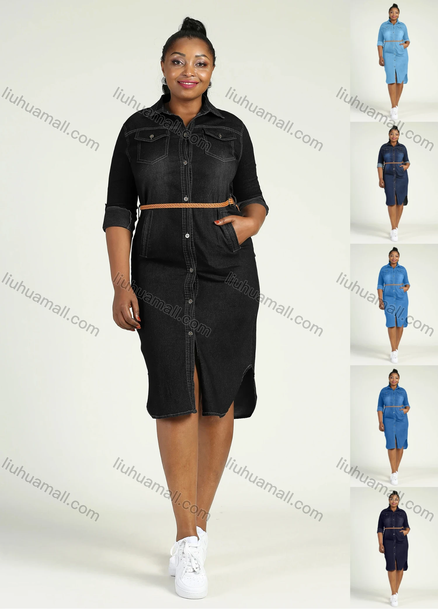 Wholesale Women's Plus Size Casual Collared Long Sleeve Button Denim Shirt Dress With Belt - Liuhuamall