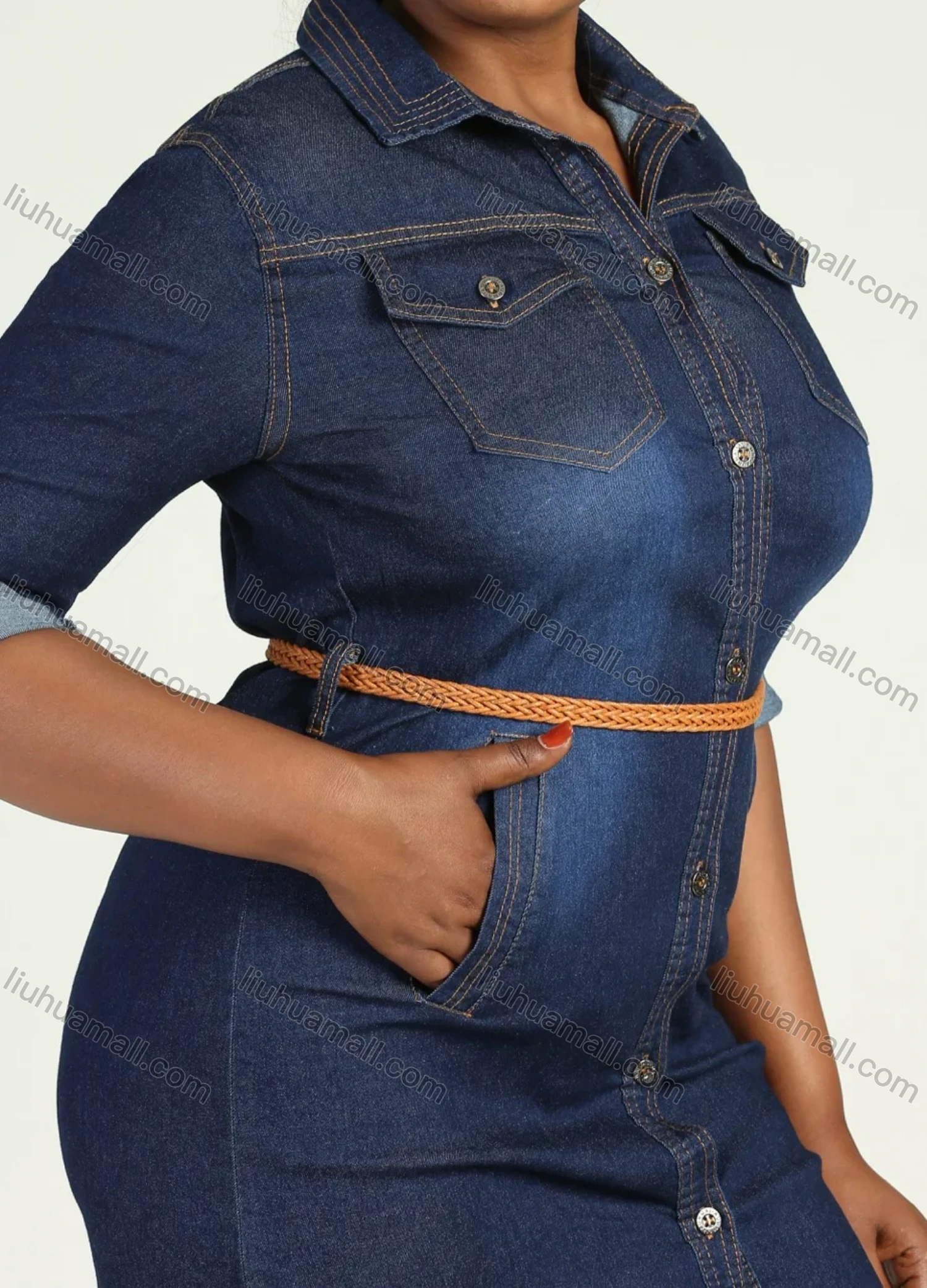 Wholesale Women's Plus Size Casual Collared Long Sleeve Button Denim Shirt Dress With Belt - Liuhuamall