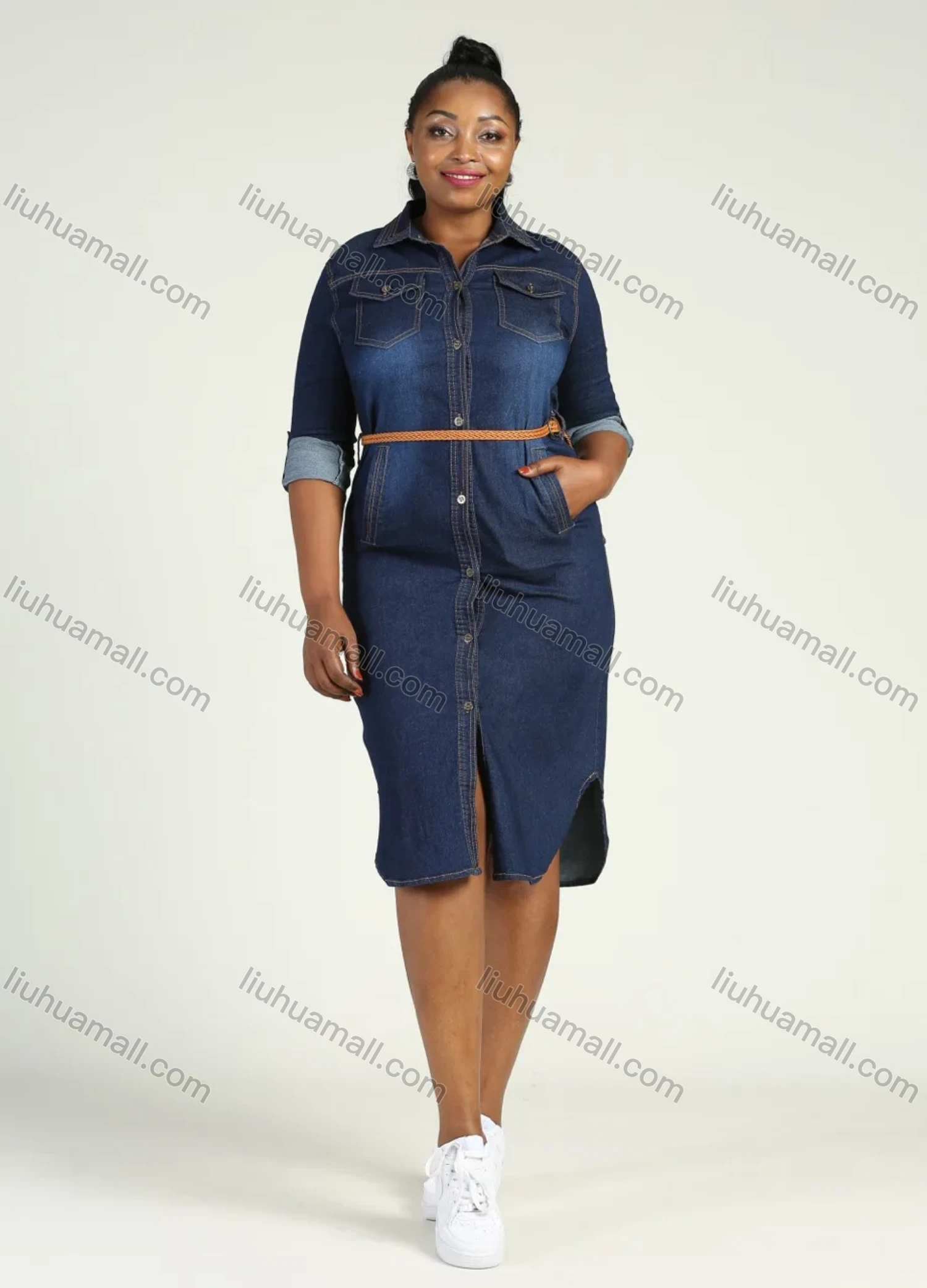 Wholesale Women's Plus Size Casual Collared Long Sleeve Button Denim Shirt Dress With Belt - Liuhuamall