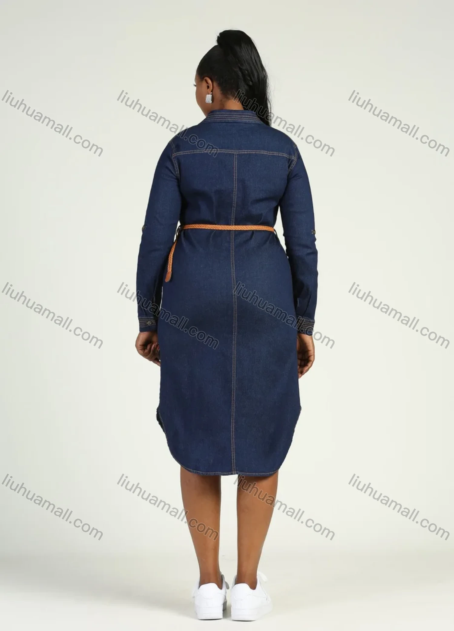 Wholesale Women's Plus Size Casual Collared Long Sleeve Button Denim Shirt Dress With Belt - Liuhuamall
