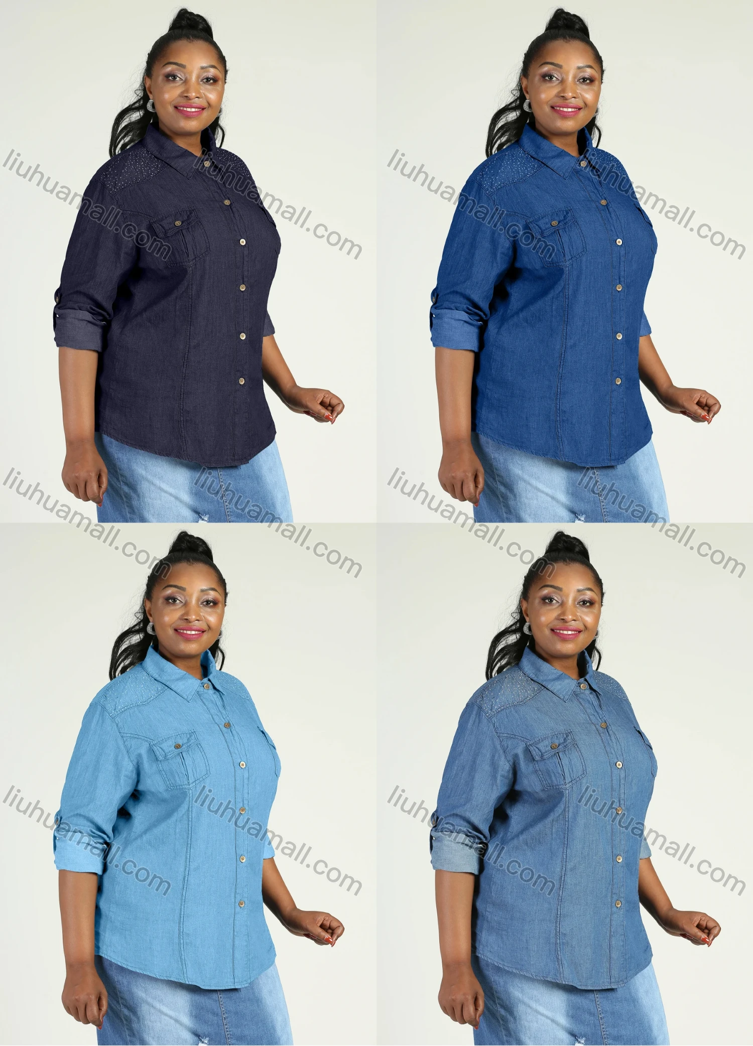 Wholesale Women's Plus Size Long Sleeve Button Down Flap Pockets Denim Casual Shirt - Liuhuamall