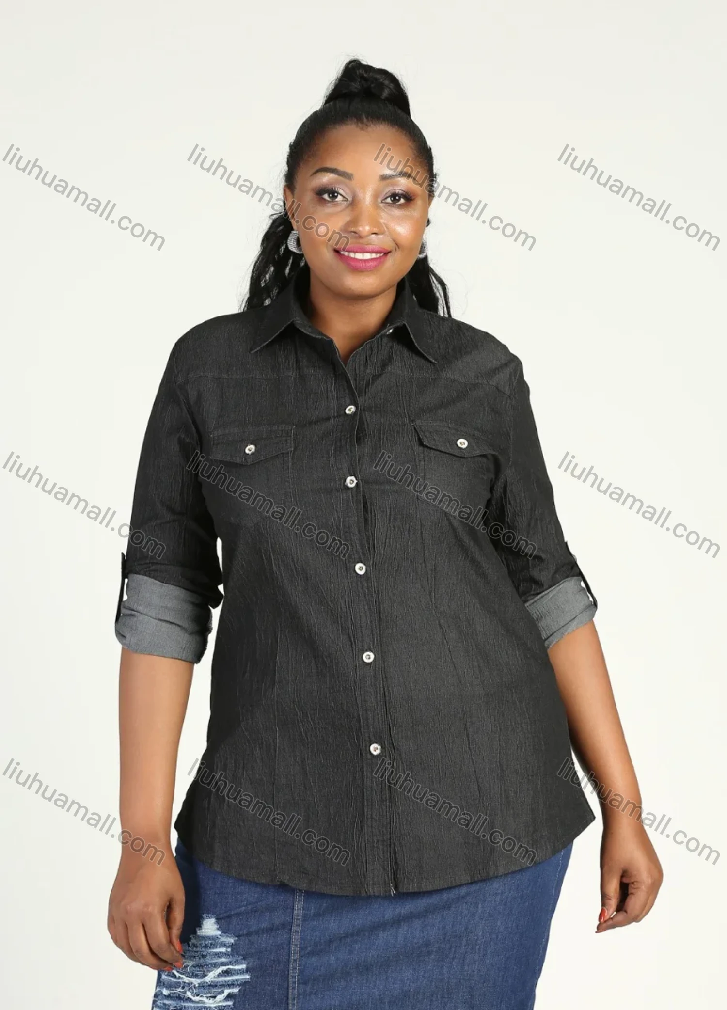 Wholesale Women's Plus Size Long Sleeve Button Down Flap Pockets Denim Casual Shirt - Liuhuamall