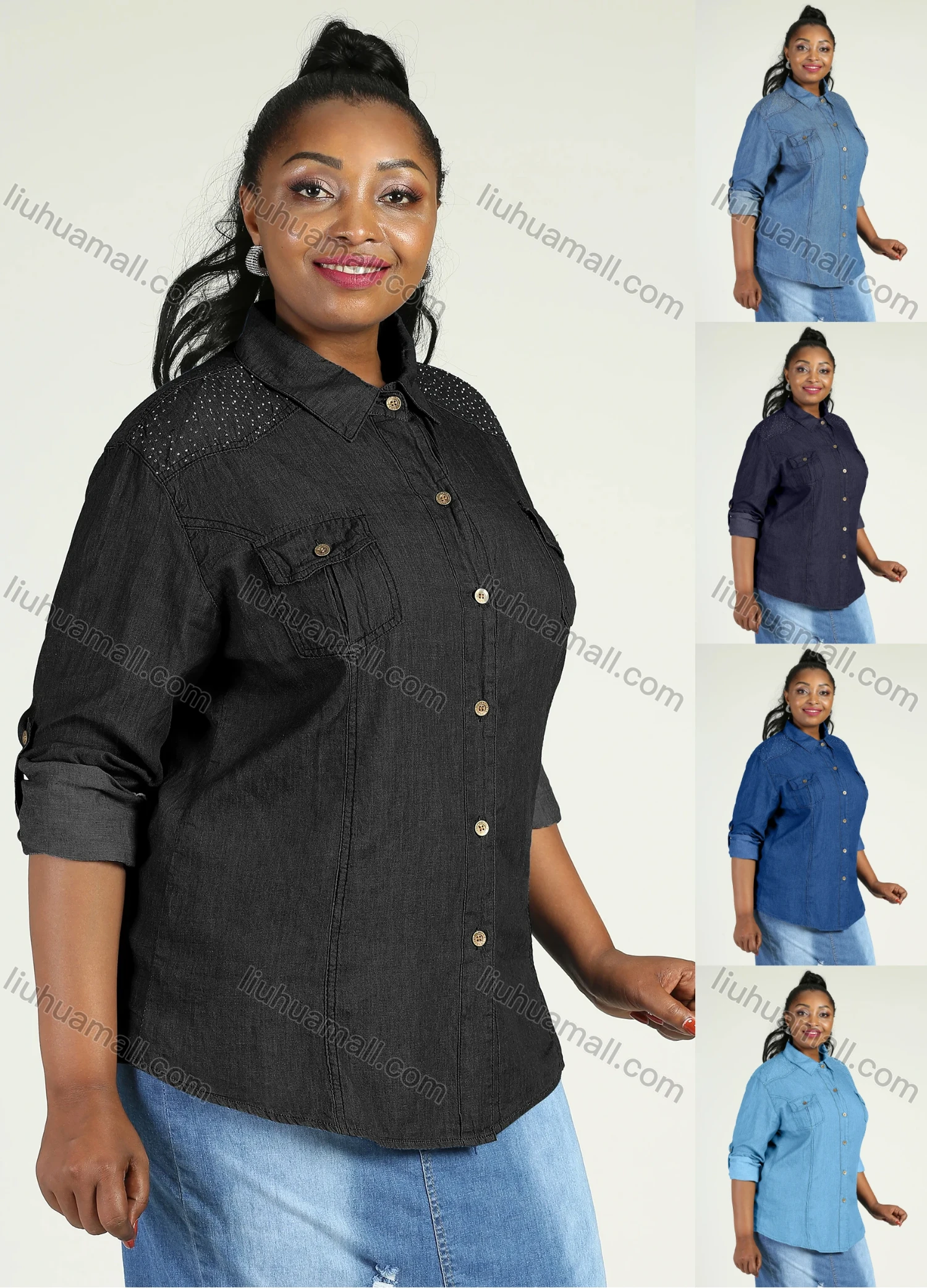 Wholesale Women's Plus Size Long Sleeve Button Rhinestone Denim Casual Shirt - Liuhuamall