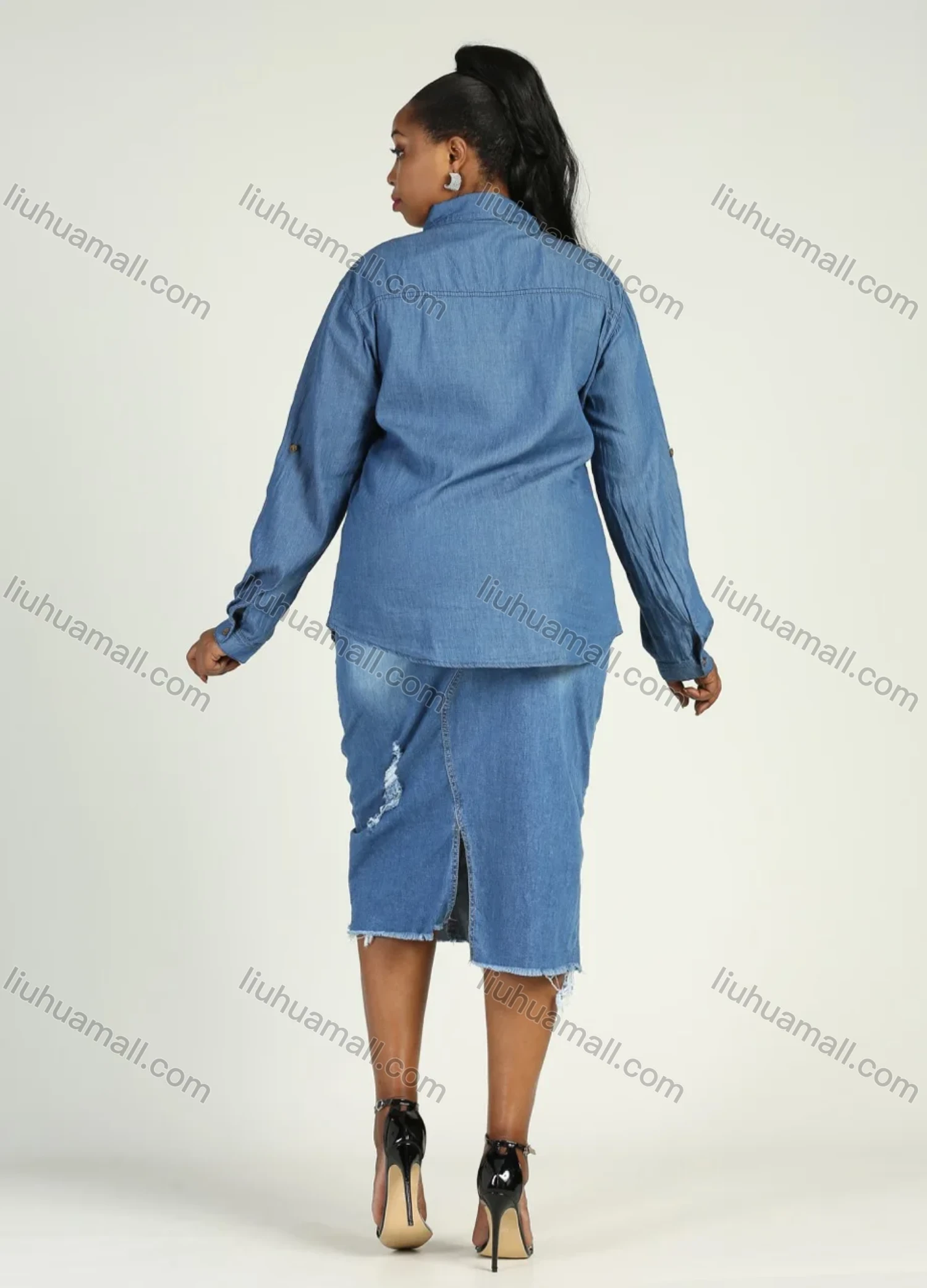 Wholesale Women's Plus Size Long Sleeve Button Rhinestone Denim Casual Shirt - Liuhuamall