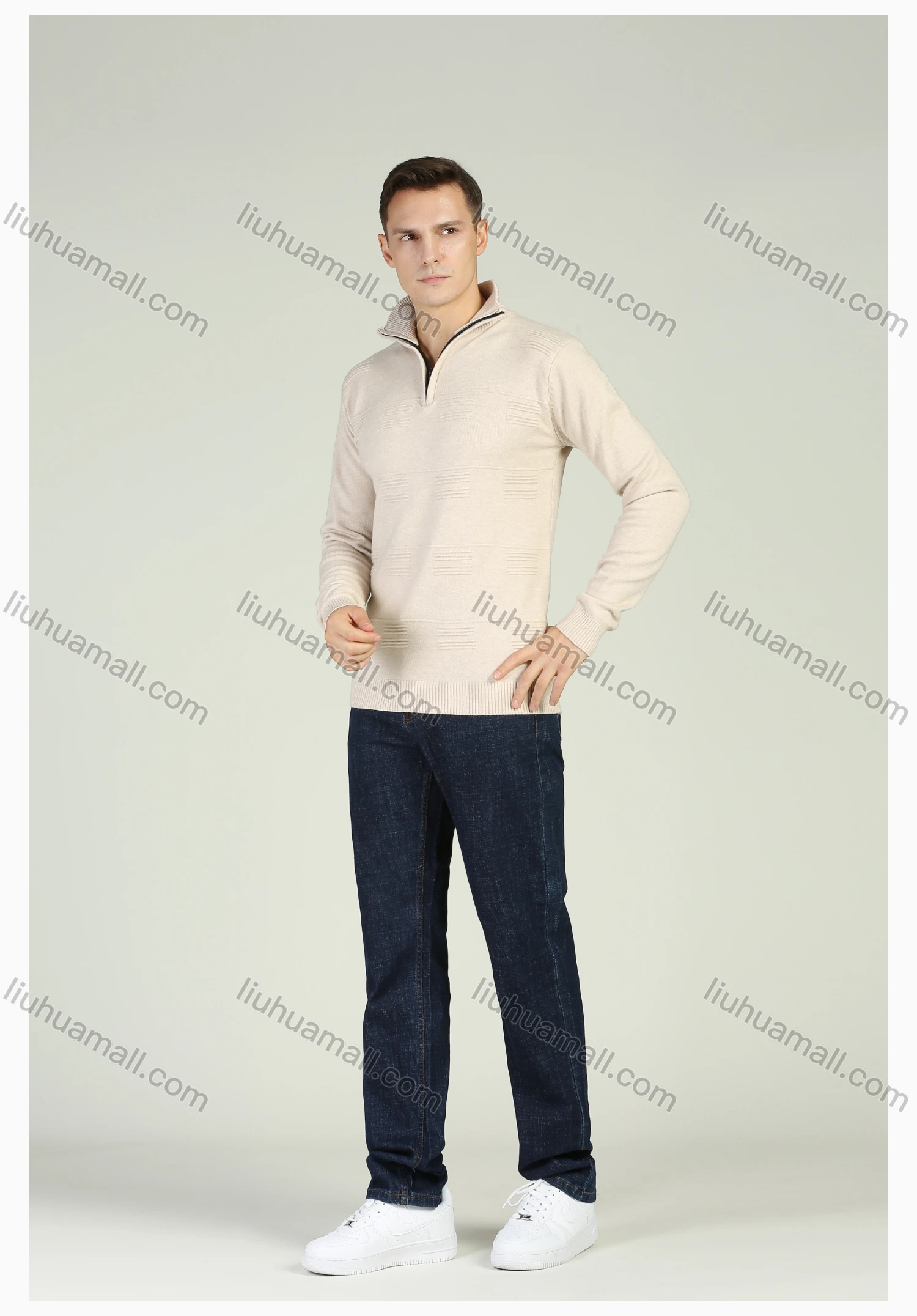 Wholesale Men's Plain Knitting High Neck Quarter Zip Long Sleeve Sweater Jacket - Liuhuamall