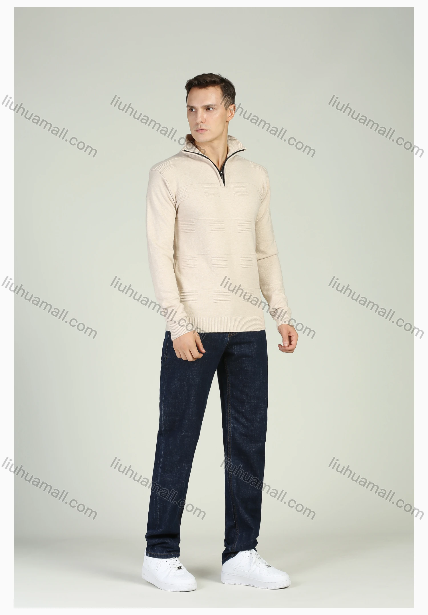 Wholesale Men's Plain Knitting High Neck Quarter Zip Long Sleeve Sweater Jacket - Liuhuamall