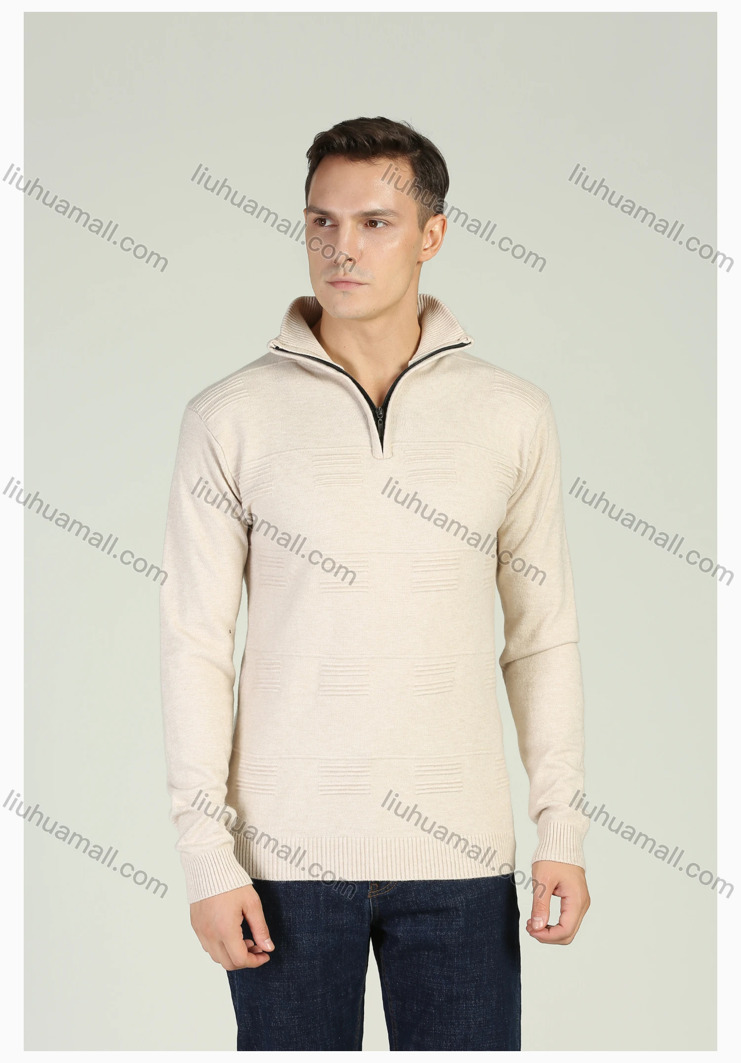 Wholesale Men's Plain Knitting High Neck Quarter Zip Long Sleeve Sweater Jacket - Liuhuamall