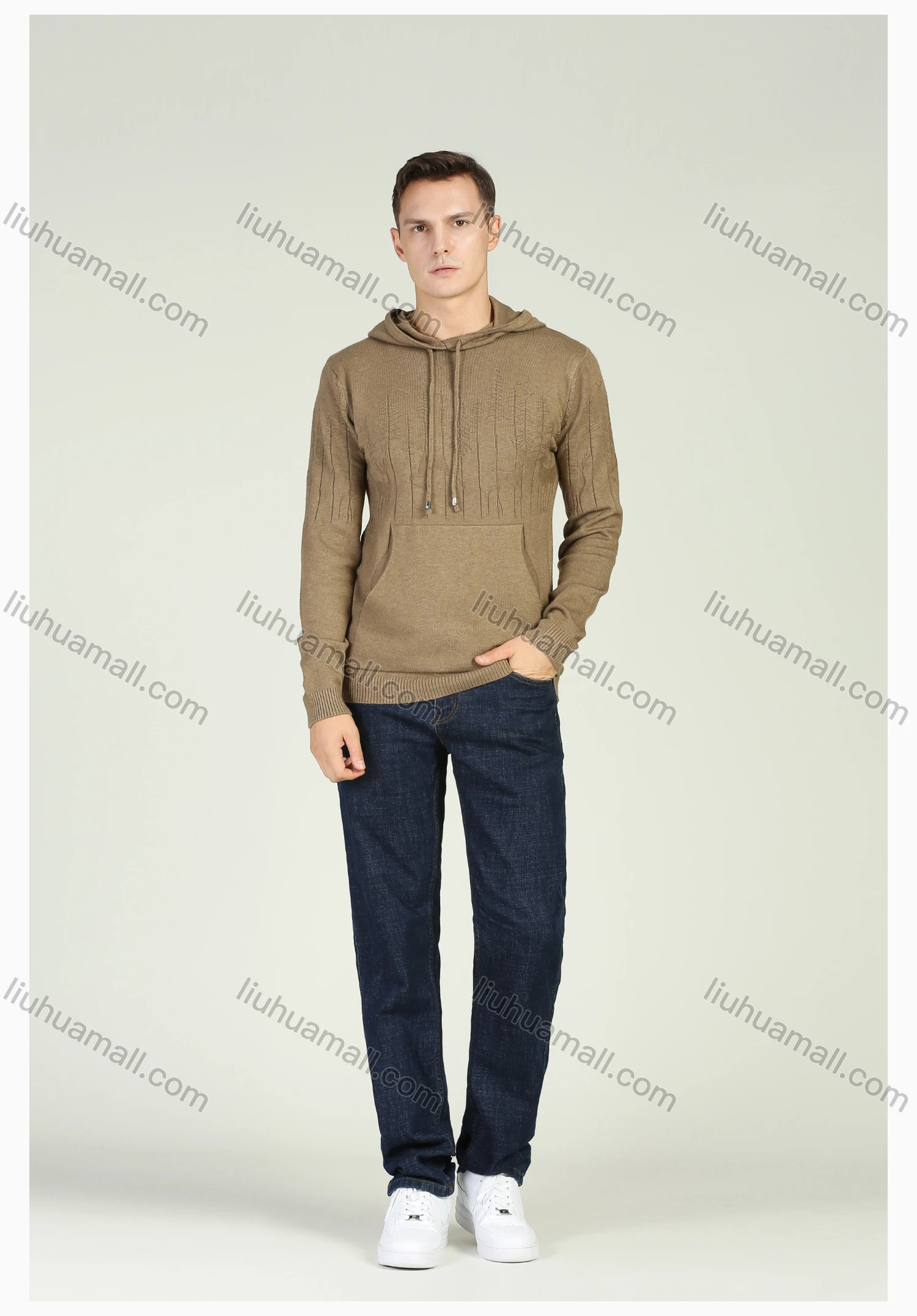 Wholesale Men's Plain Knitting Kangaroo Pocket Drawstring Sweater Hoodie - Liuhuamall