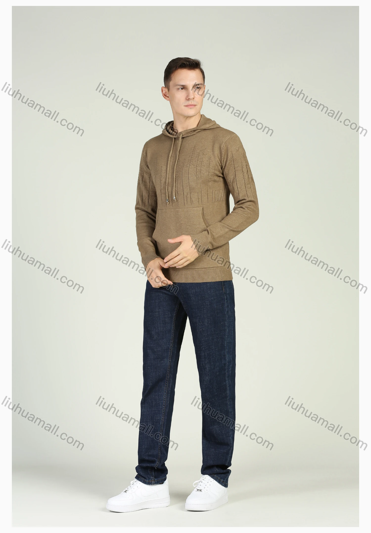 Wholesale Men's Plain Knitting Kangaroo Pocket Drawstring Sweater Hoodie - Liuhuamall