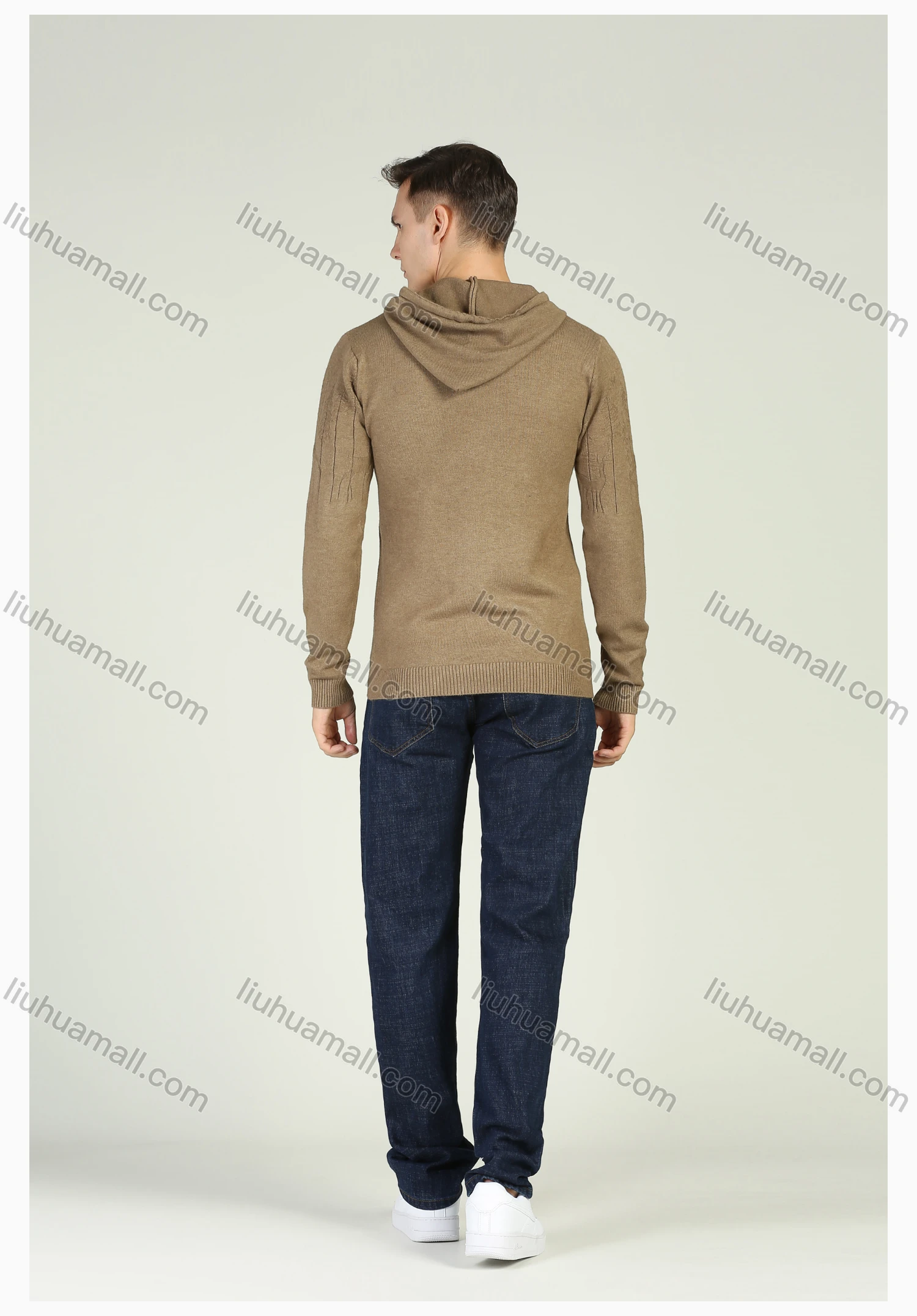 Wholesale Men's Plain Knitting Kangaroo Pocket Drawstring Sweater Hoodie - Liuhuamall