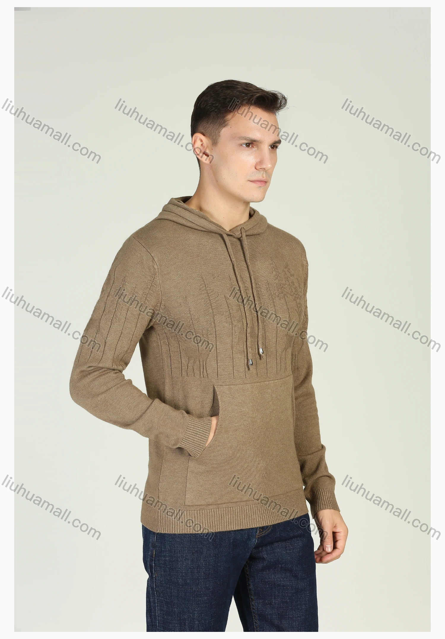 Wholesale Men's Plain Knitting Kangaroo Pocket Drawstring Sweater Hoodie - Liuhuamall