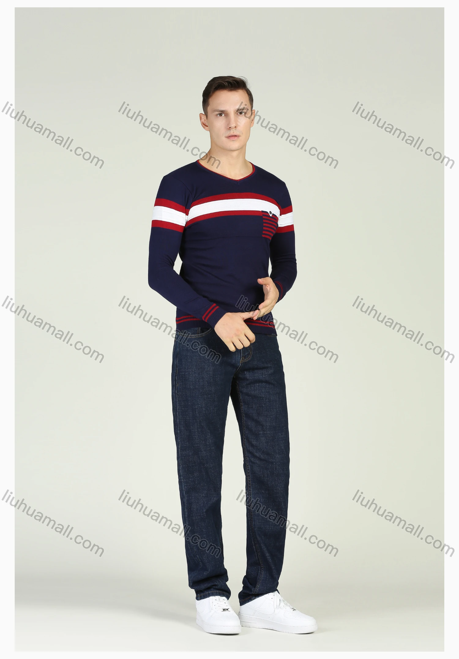 Wholesale Men's Casual Striped Pocket V-Neck Long Sleeve Pullover Sweater - Liuhuamall