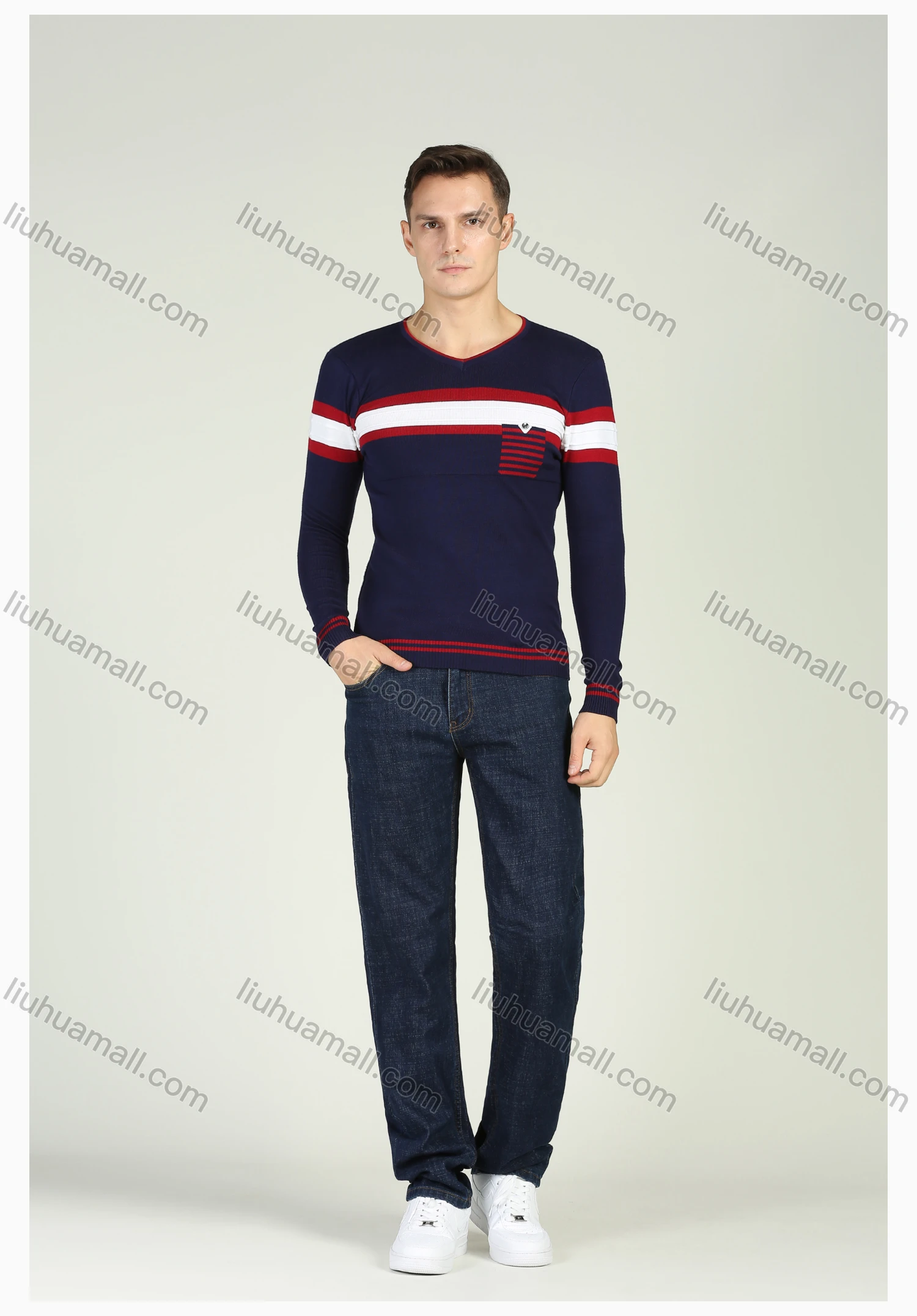 Wholesale Men's Casual Striped Pocket V-Neck Long Sleeve Pullover Sweater - Liuhuamall