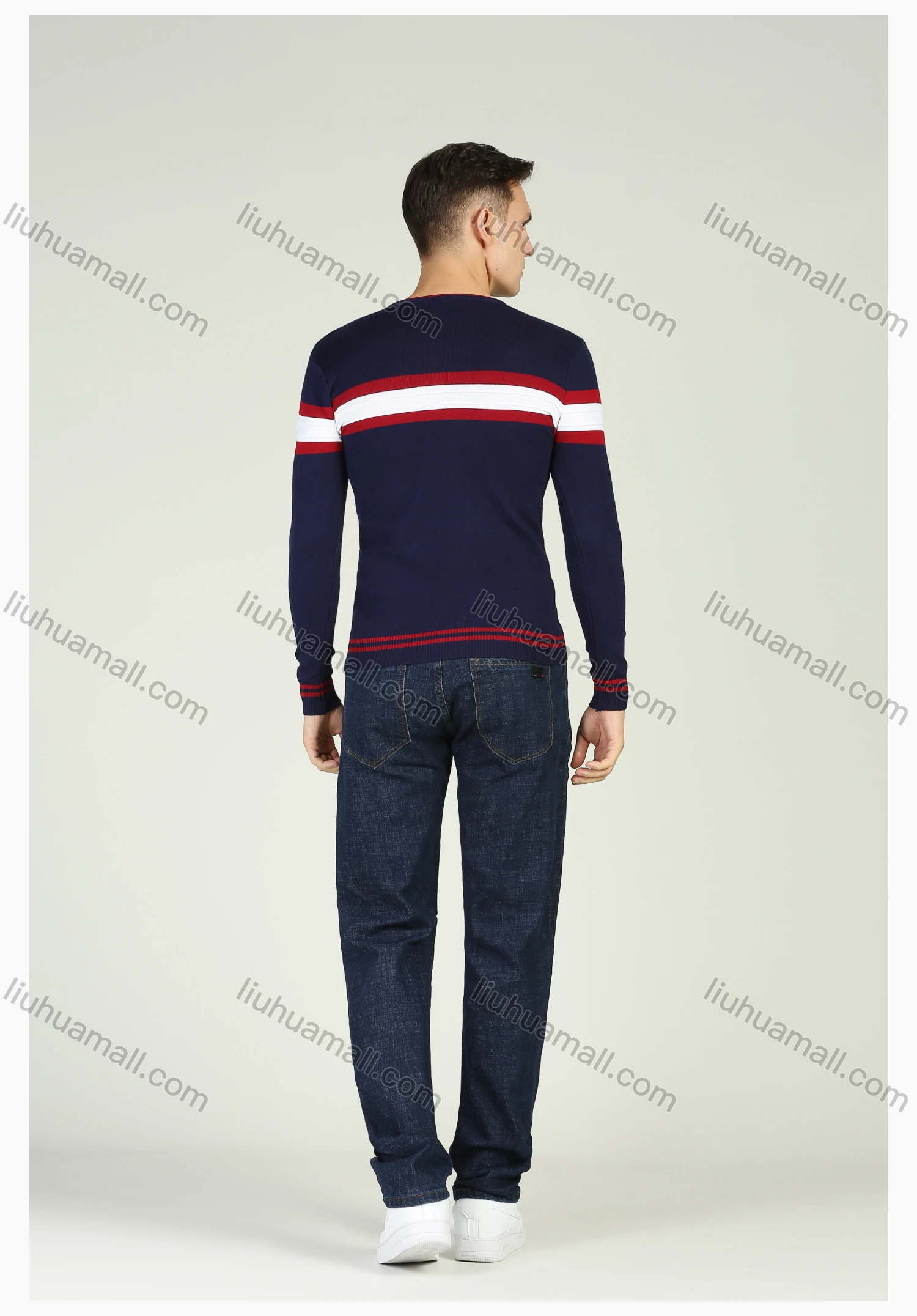 Wholesale Men's Casual Striped Pocket V-Neck Long Sleeve Pullover Sweater - Liuhuamall