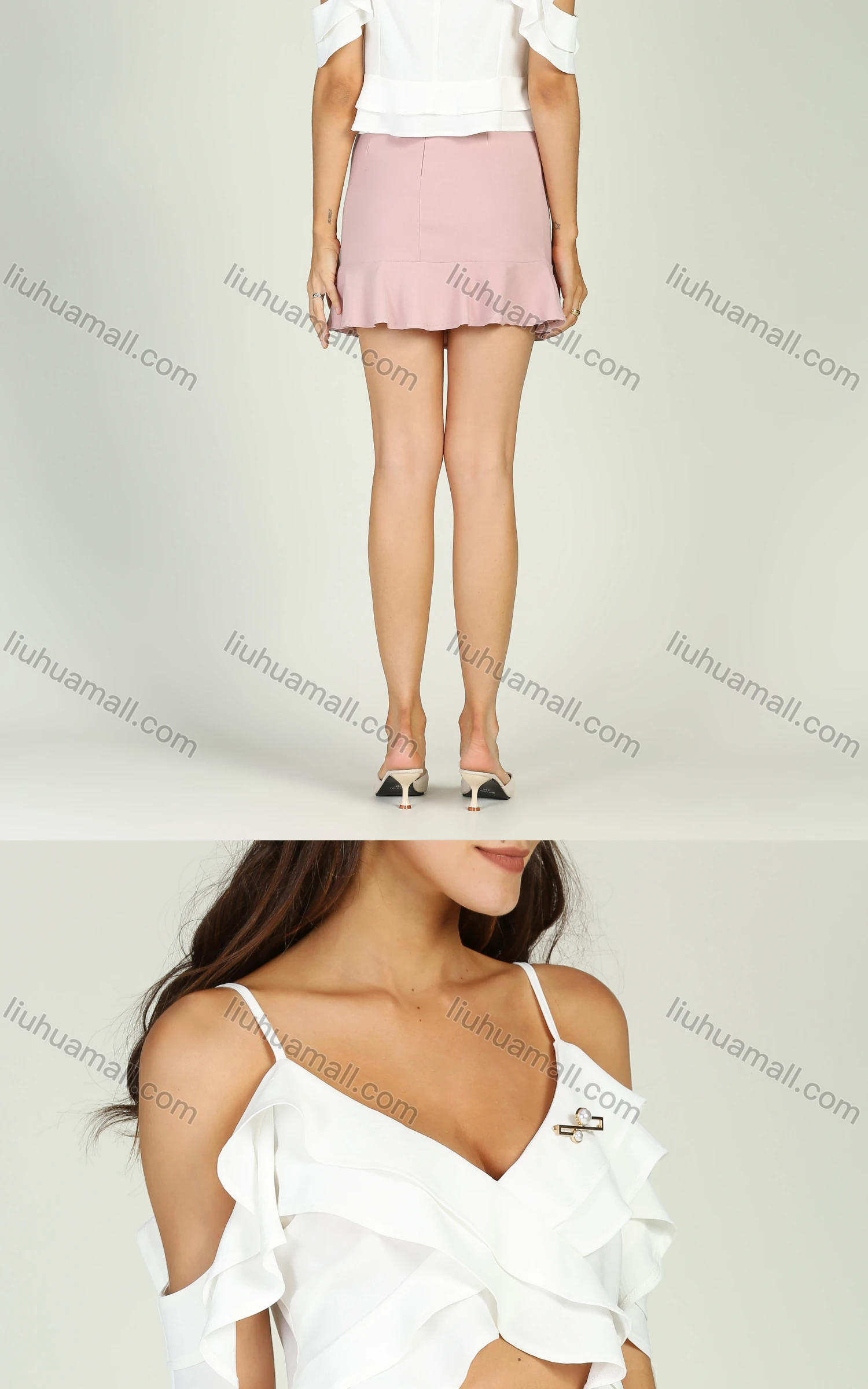 Wholesale Women's Summer Flounced White Straps Crop Cami Top And Pink Mini Skirt Set - Liuhuamall