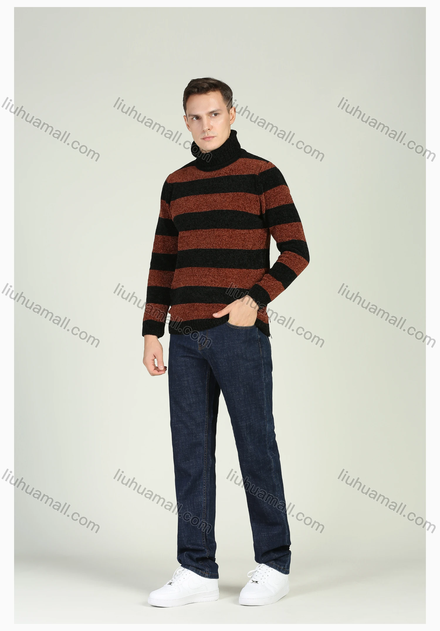 Wholesale Men's Two Tone Striped Turtleneck Long Sleeve Pullover Sweater - Liuhuamall