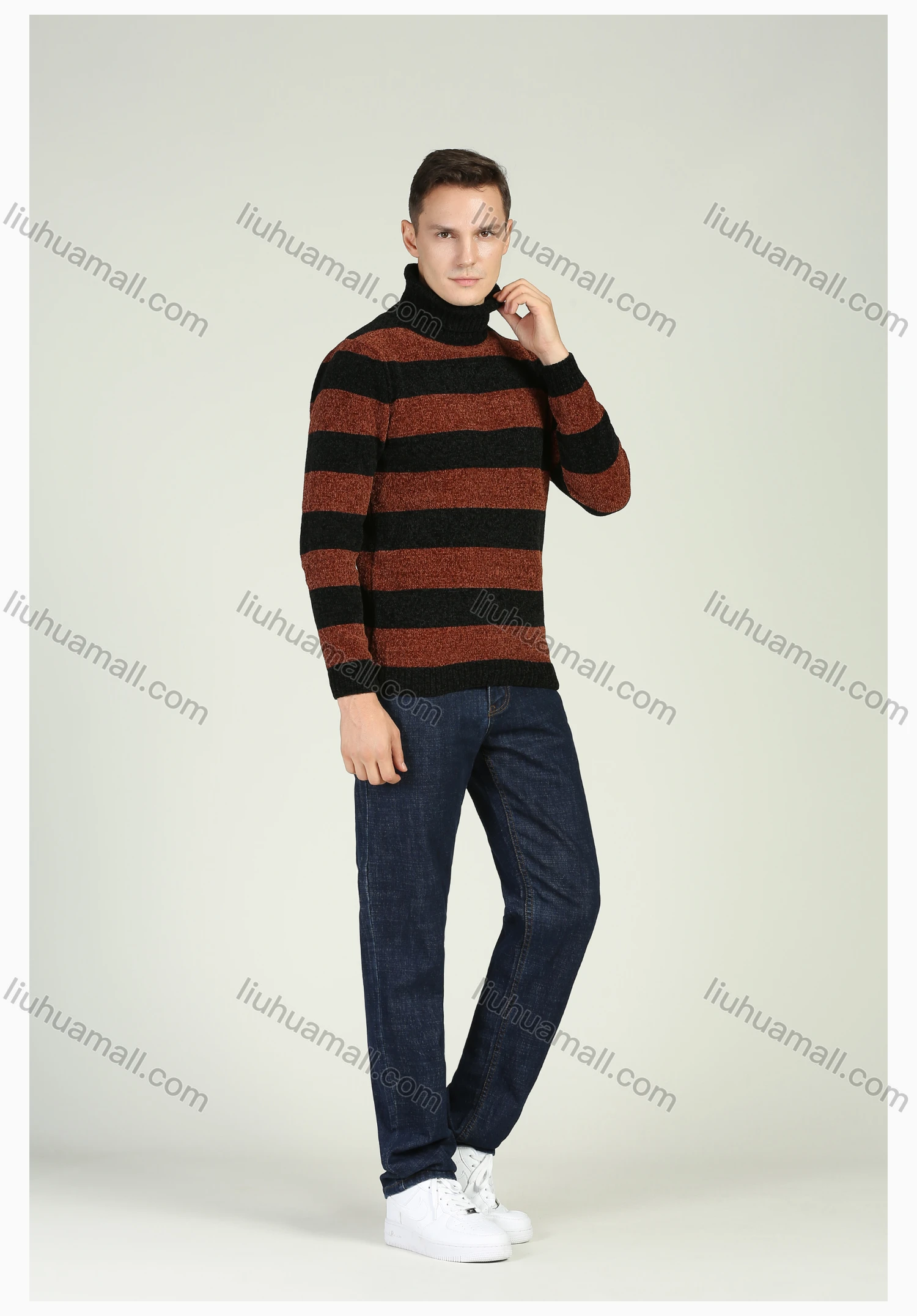 Wholesale Men's Two Tone Striped Turtleneck Long Sleeve Pullover Sweater - Liuhuamall